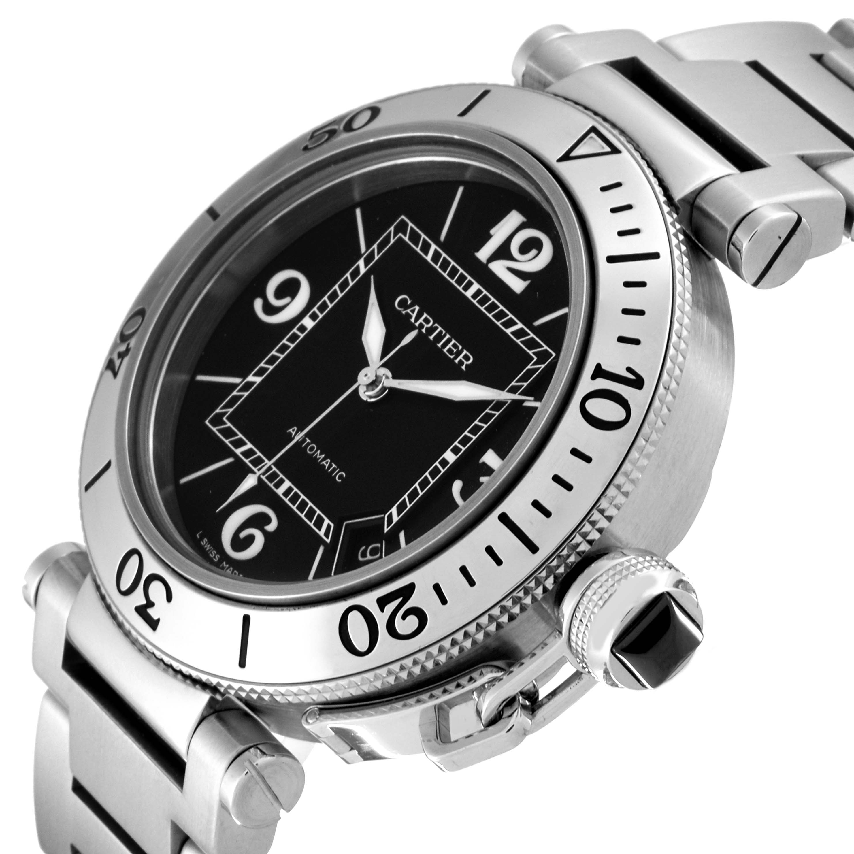 The Cartier Pasha W31077M7 Men
s Stainless Steel Black Dial W31077M7 Men
s Stainless Steel Black Dial watch is shown at an angle highlighting the bezel, dial, crown, and bracelet.