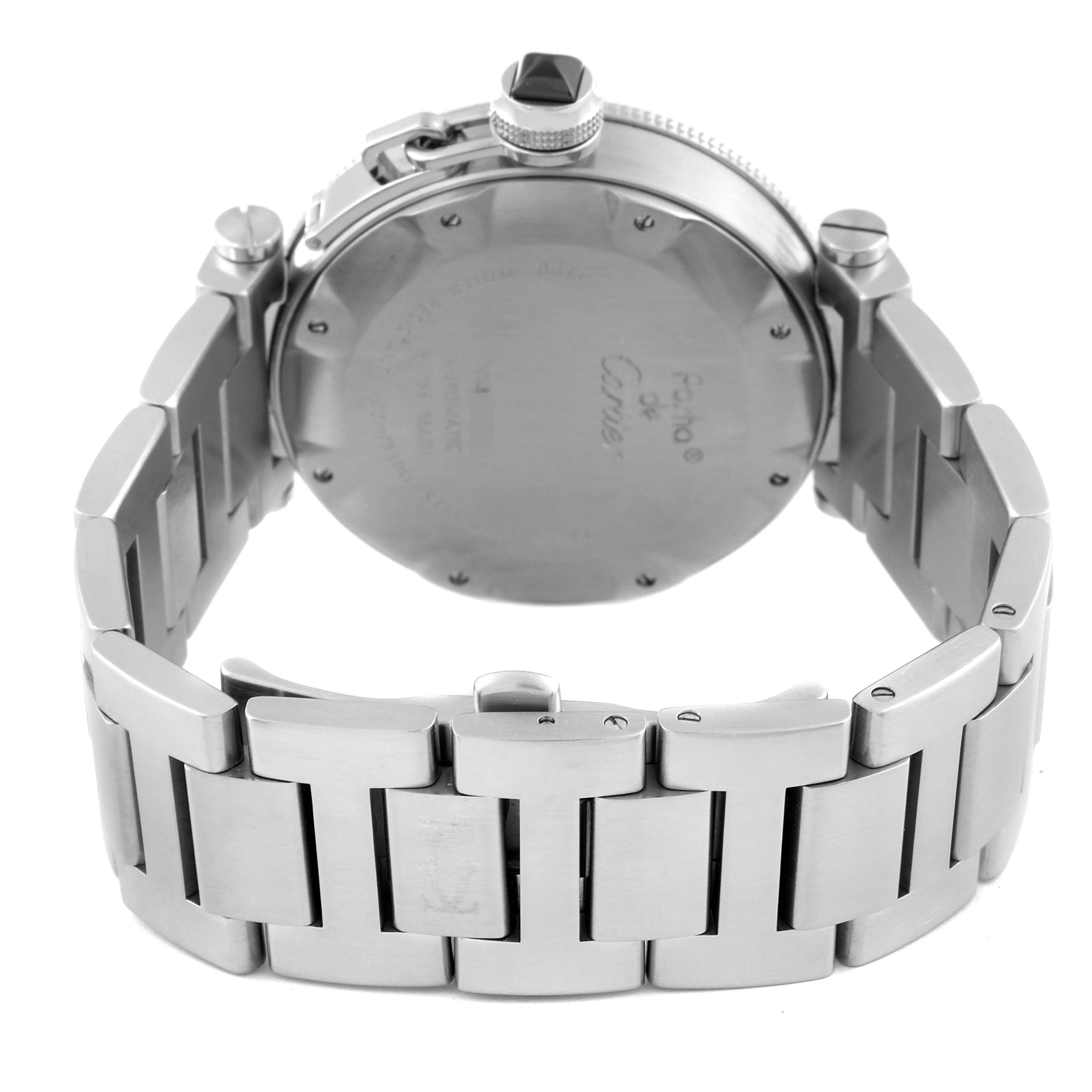 The image shows the back view of a Cartier Pasha W31077M7 Men
s Stainless Steel Black Dial W31077M7 Men
s Stainless Steel Black Dial watch, highlighting the case back and stainless steel bracelet.