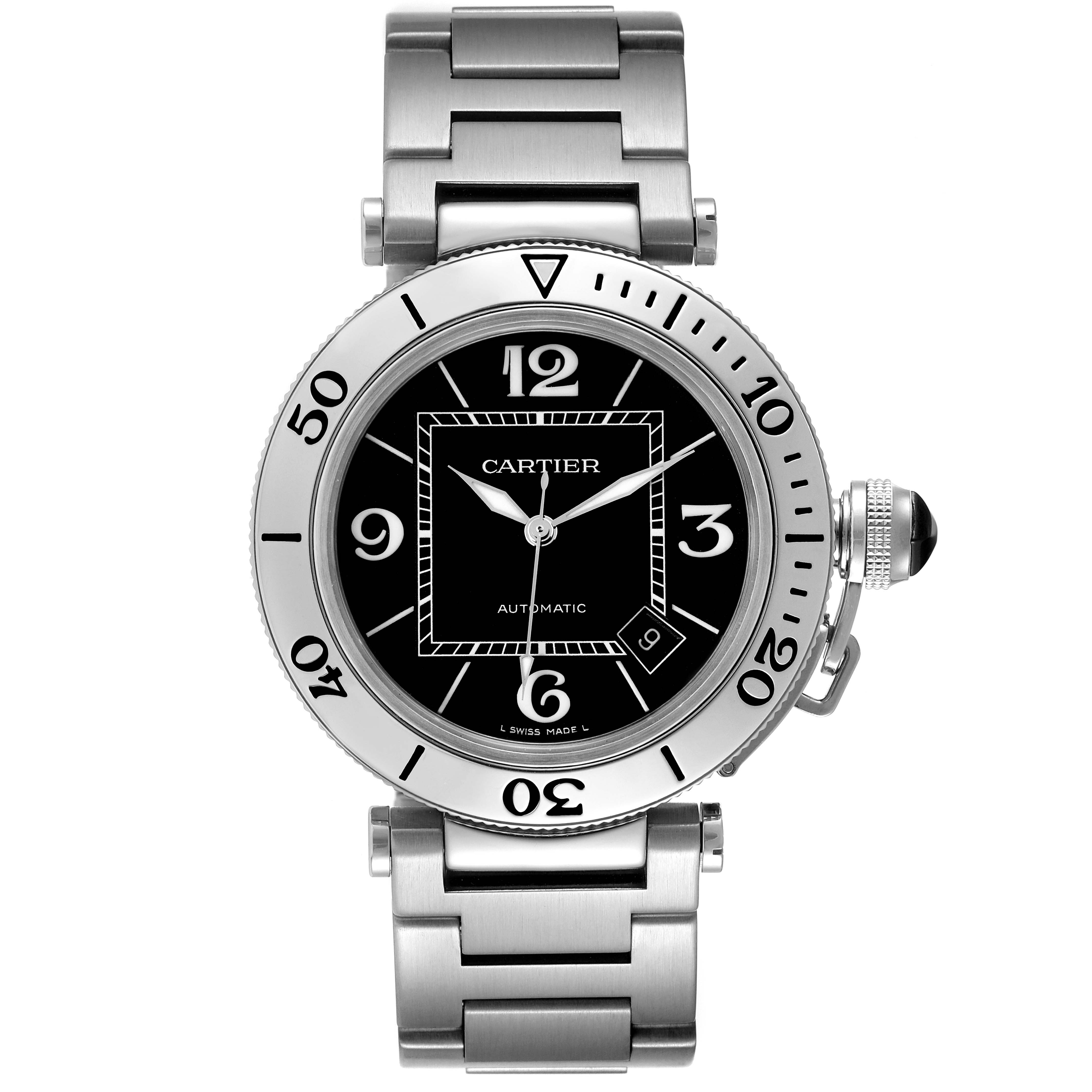 The image shows a frontal view of the Cartier Pasha W31077M7 Men
s Stainless Steel Black Dial W31077M7 Men
s Stainless Steel Black Dial watch, highlighting its face, bezel, and bracelet.