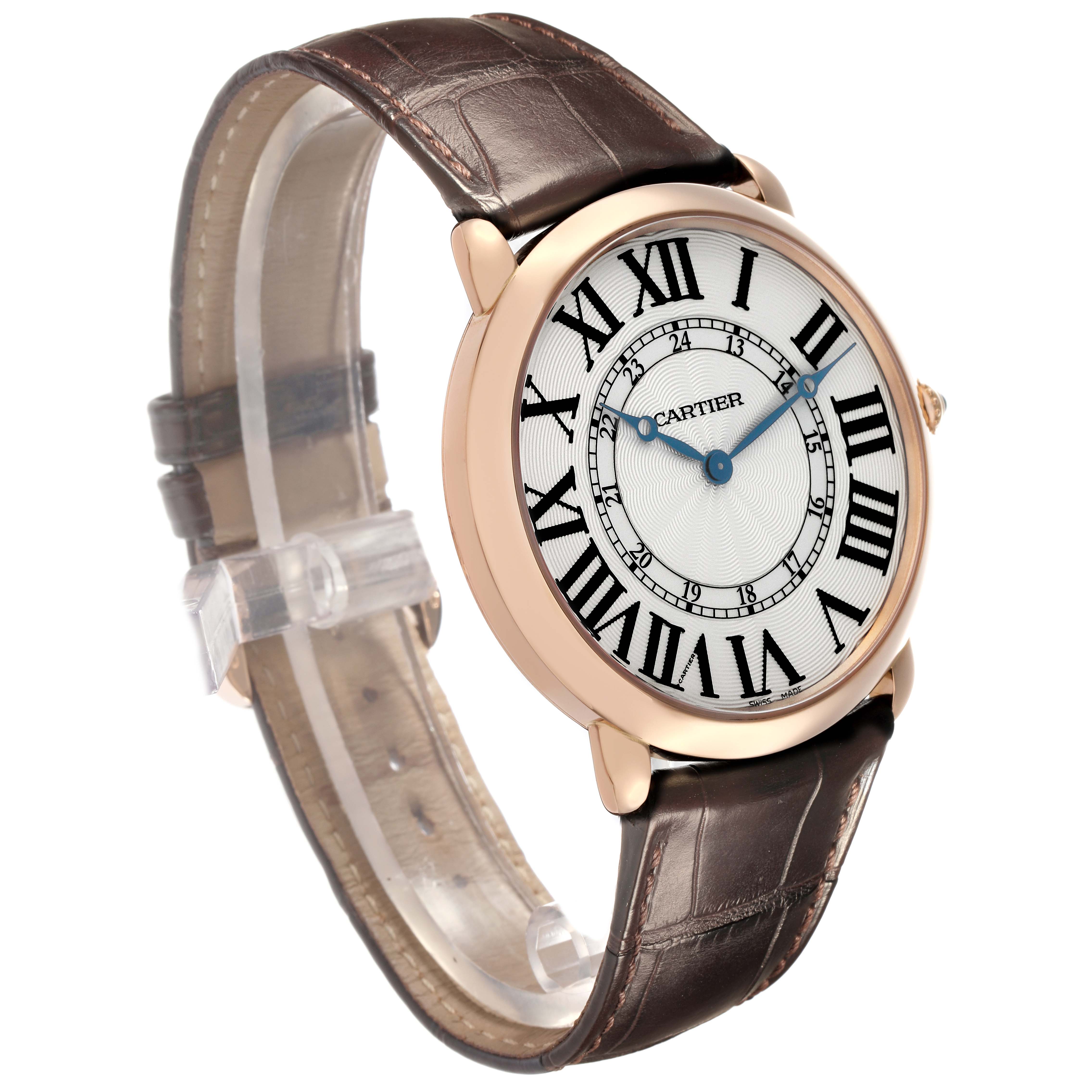 The Cartier Ronde W6801004 Men
s Rose Gold Silver Dial watch is shown from a three-quarter angle, displaying the face, roman numerals, hands, case, and strap.