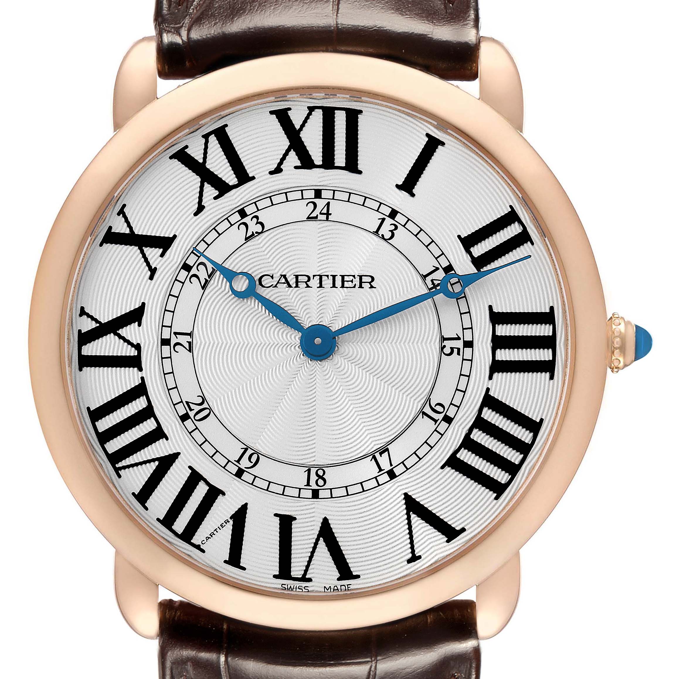The Cartier Ronde W6801004 Men
s Rose Gold Silver Dial watch is shown from a front angle, displaying the dial, Roman numerals, blue hands, and a leather strap.