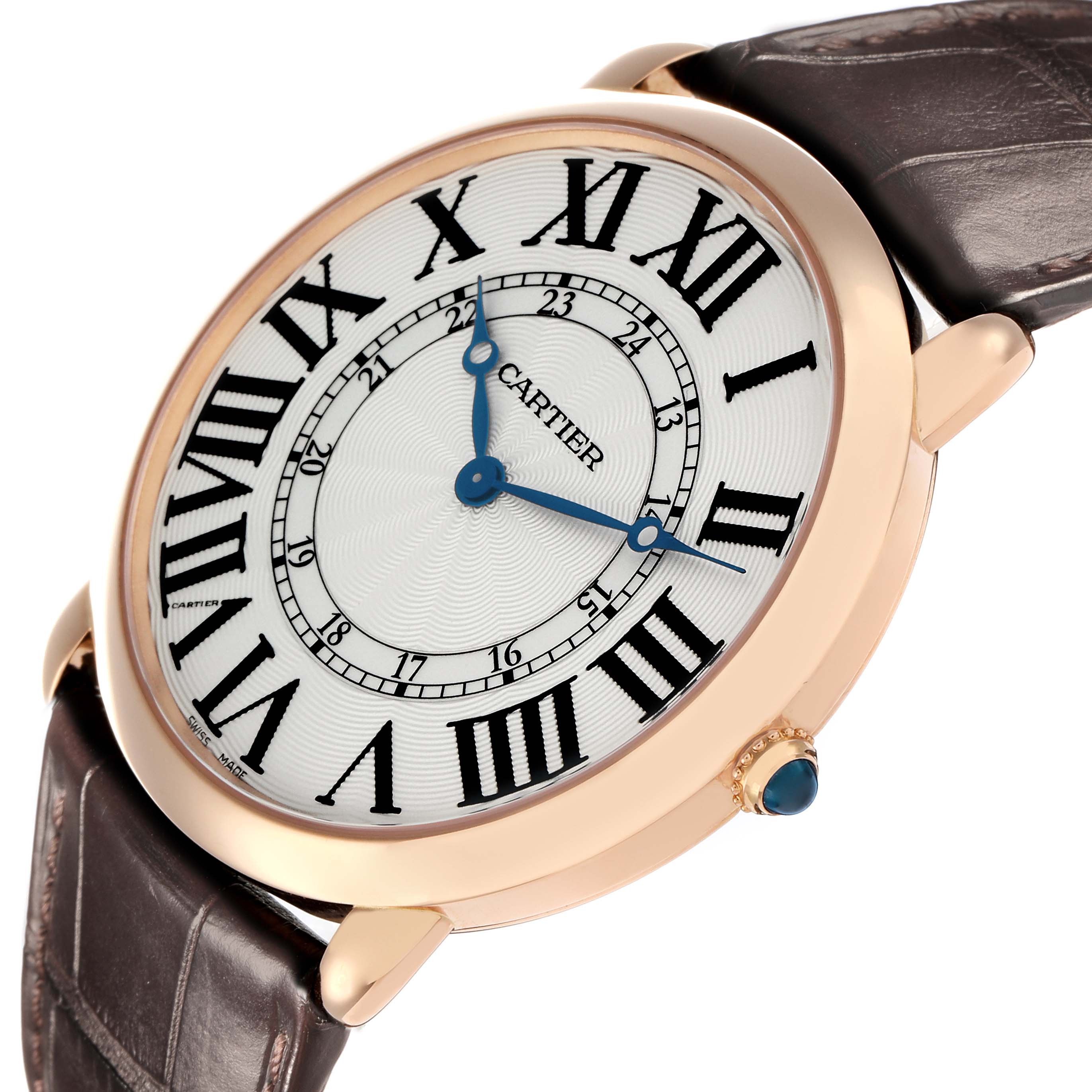 The Cartier Ronde W6801004 Men
s Rose Gold Silver Dial watch is shown at a slight angle, highlighting its round face, Roman numerals, blue hands, and brown leather strap.