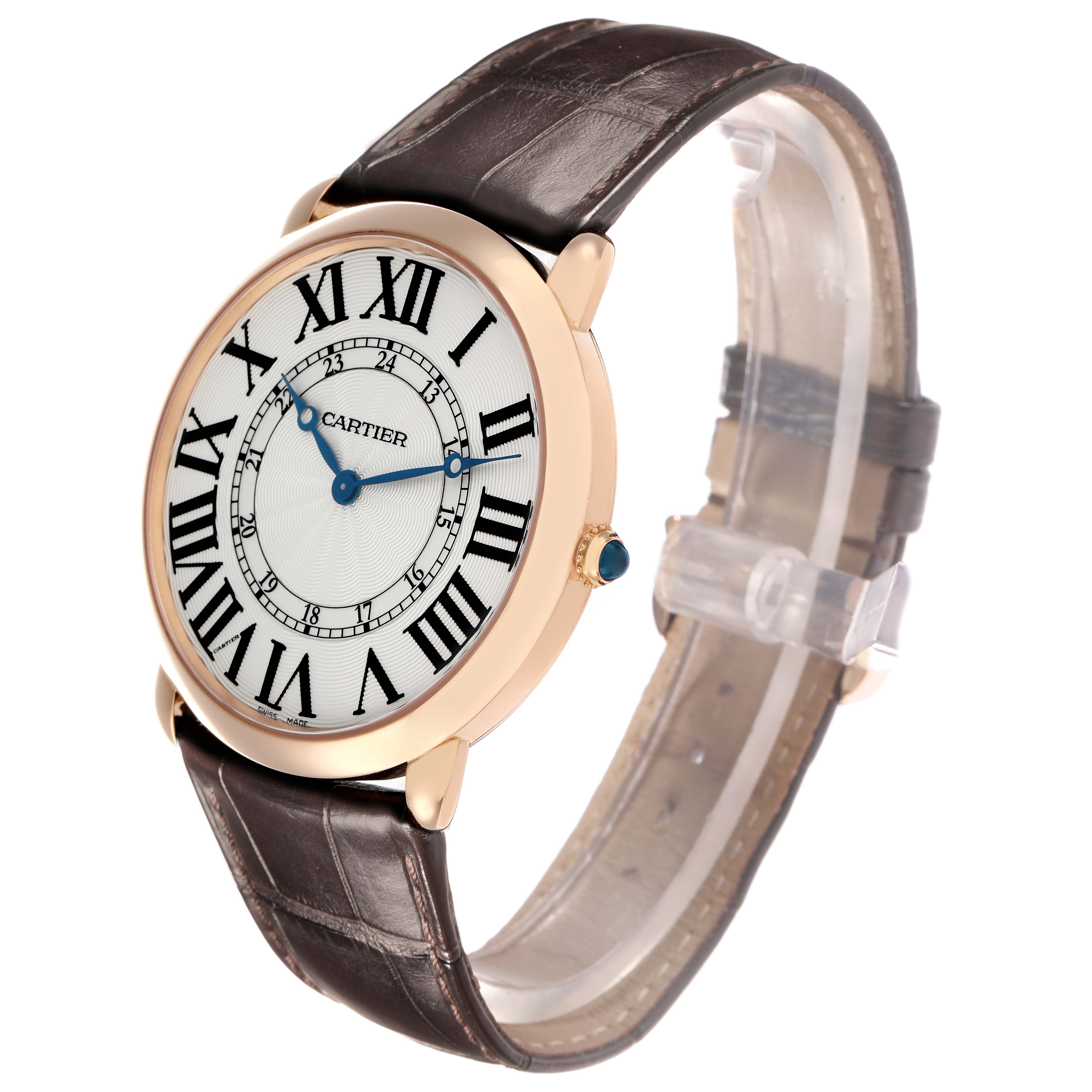 The Cartier Ronde W6801004 Men
s Rose Gold Silver Dial watch is shown at a slight angle, featuring its face, Roman numerals, and leather strap.
