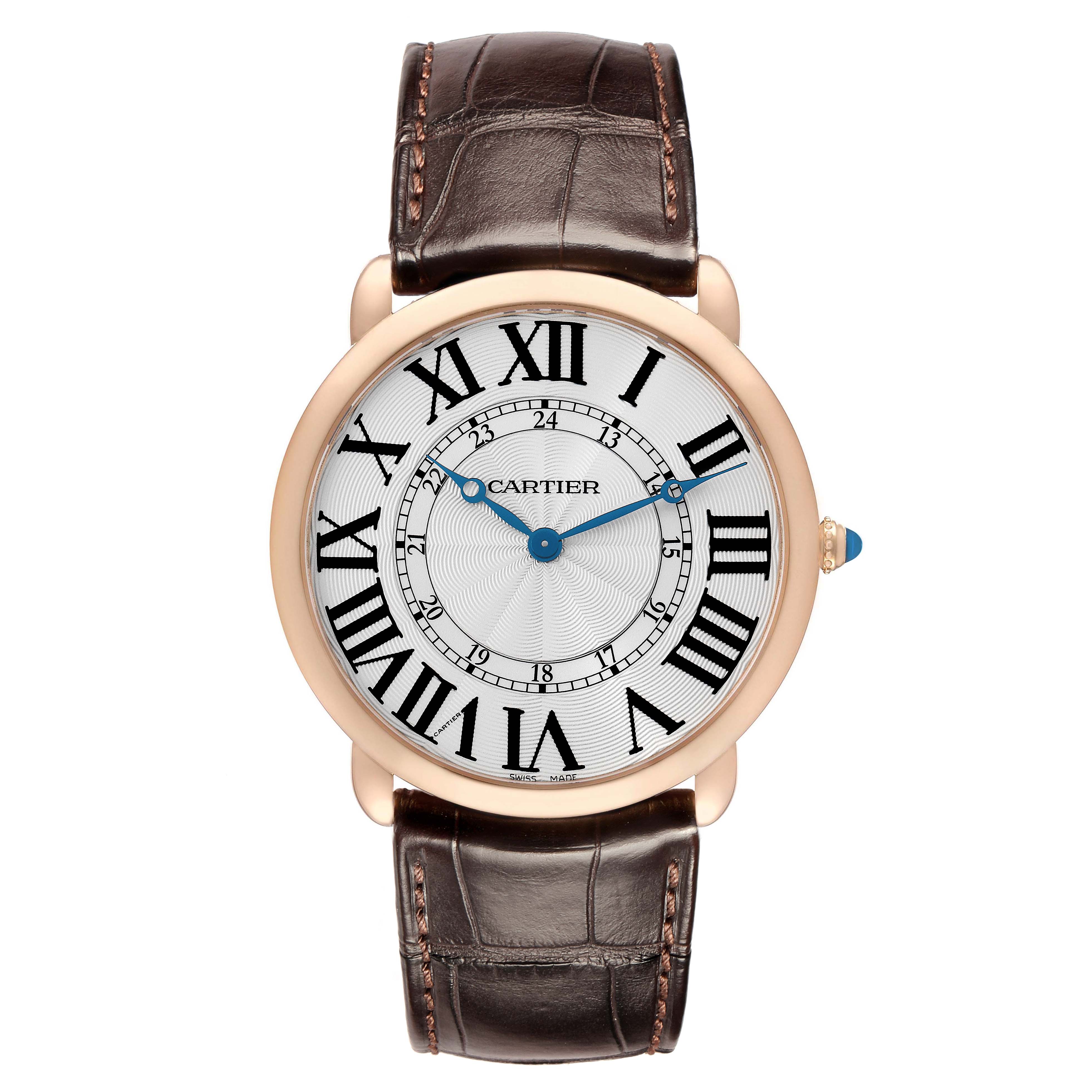 The Cartier Ronde W6801004 Men
s Rose Gold Silver Dial watch is shown from a top-down angle, displaying the face, bezel, and leather strap.