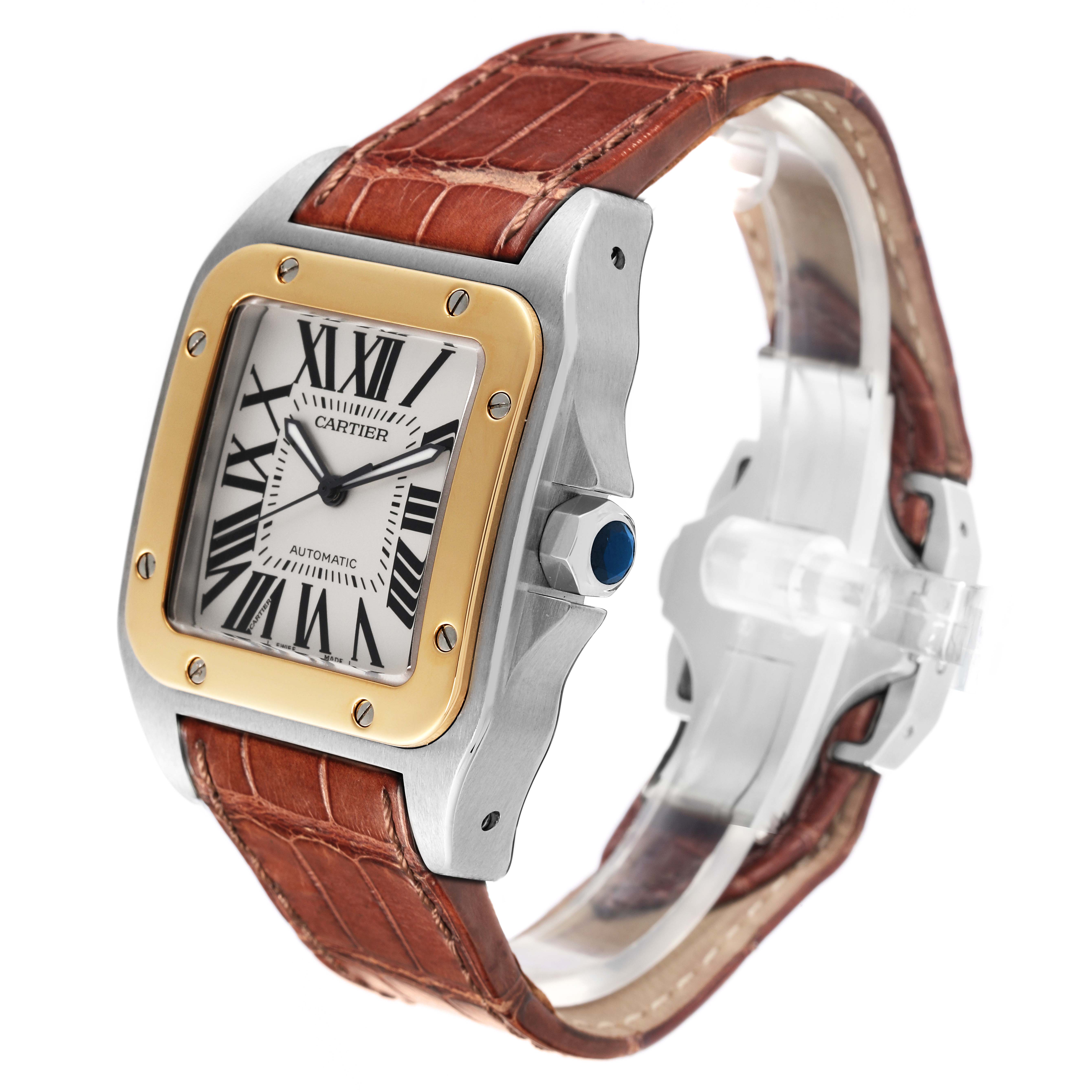 The image shows a Santos model by Cartier at an angle displaying the dial, bezel, crown, and leather strap.
