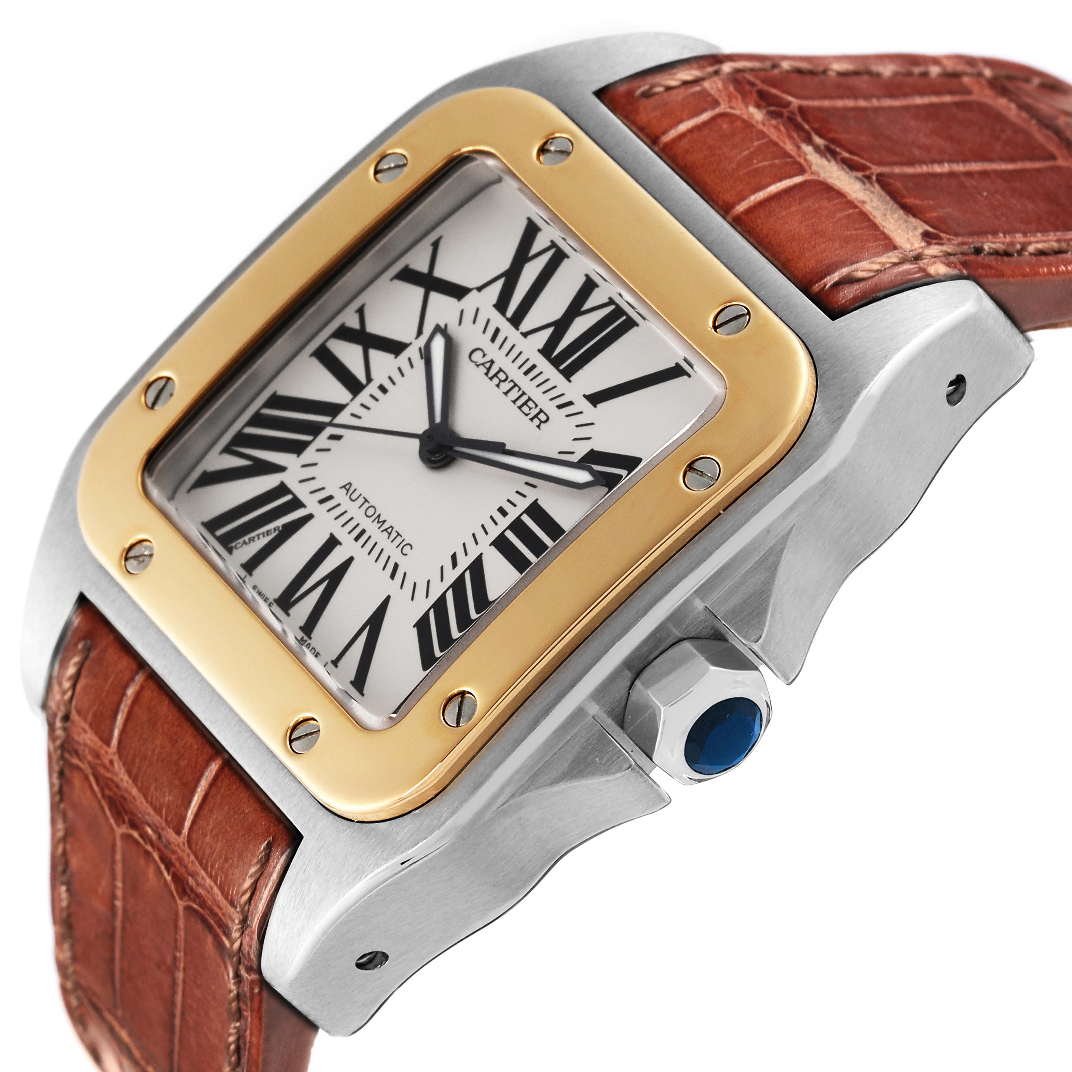 The image shows an angled view of a Cartier Santos W20072X7 Men
s Steel and Gold (two tone) Silver Dial W20072X7 Men
s Steel and Gold (two tone) Silver Dial watch, highlighting its bezel, dial with Roman numerals, and brown leather strap.