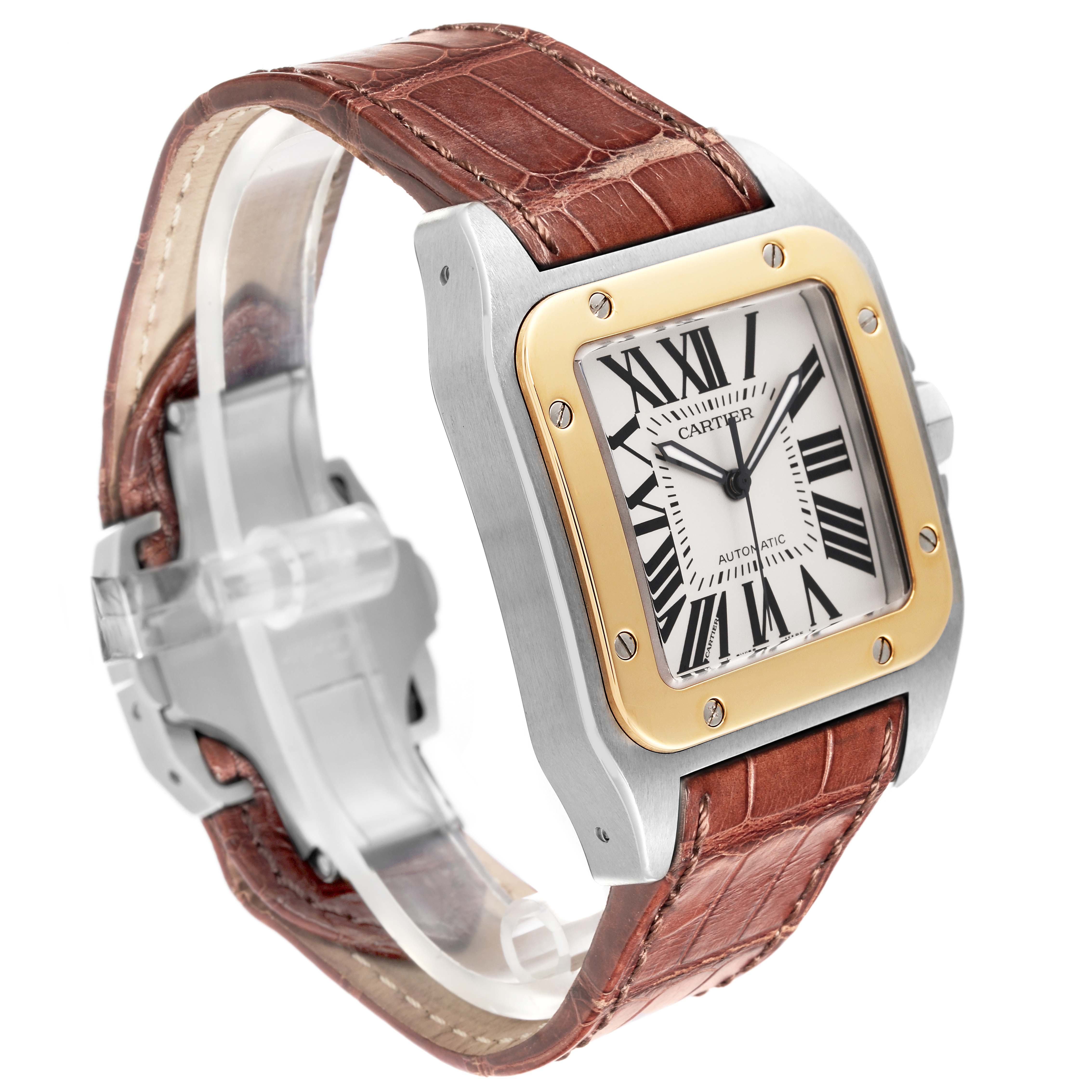 The Cartier Santos W20072X7 Men
s Steel and Gold (two tone) Silver Dial W20072X7 Men
s Steel and Gold (two tone) Silver Dial watch is shown at a three-quarter angle, highlighting its face, bezel, case, and leather strap.