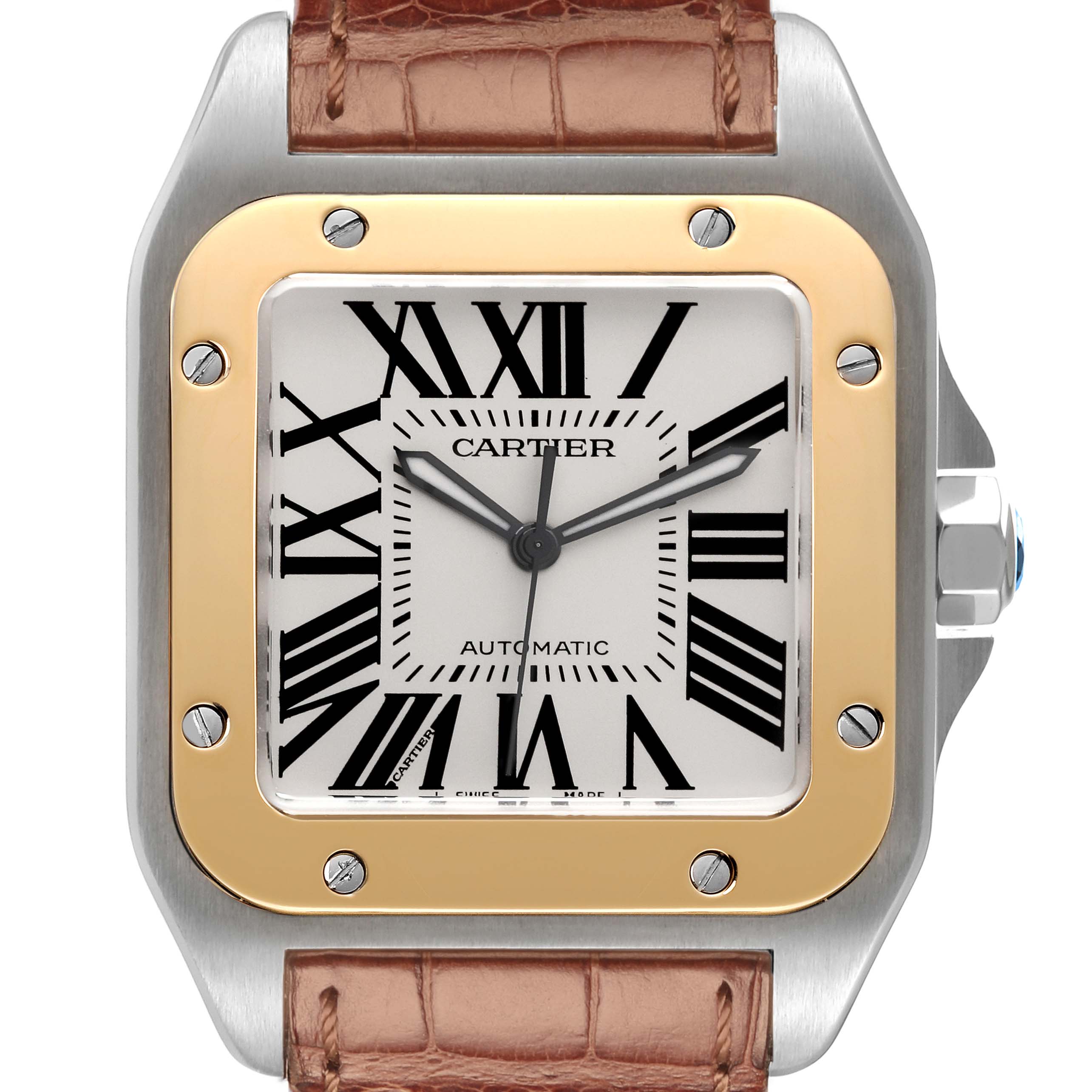 The image shows a front view of the Cartier Santos W20072X7 Men
s Steel and Gold (two tone) Silver Dial W20072X7 Men
s Steel and Gold (two tone) Silver Dial watch with a leather strap and a two-tone bezel.