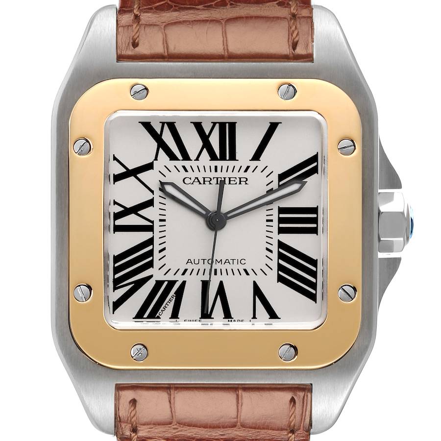 Cartier Santos 100 Steel Yellow Gold 38mm Silver Dial Mens Watch W20072X7 SwissWatchExpo