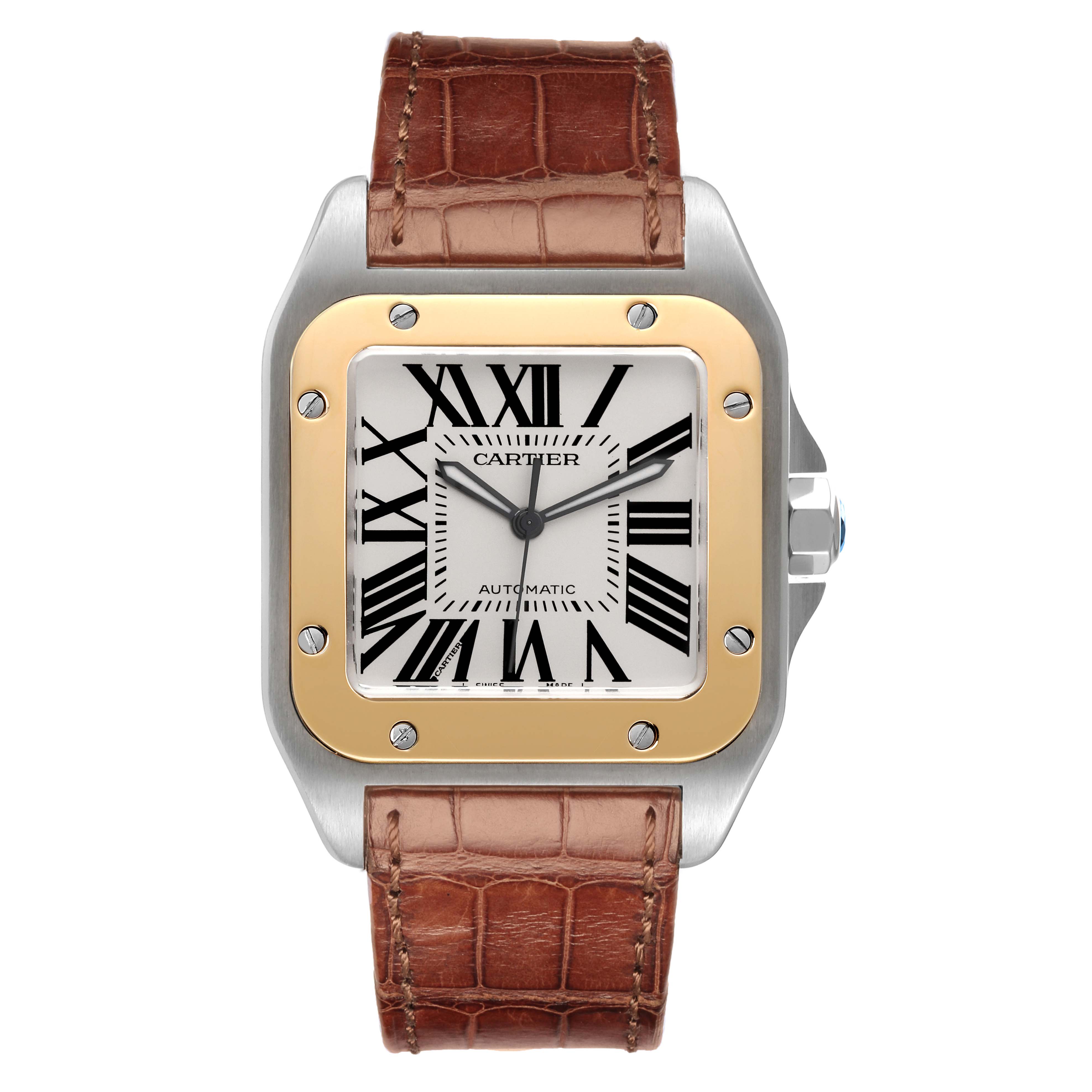 This is a front view of the Cartier Santos W20072X7 Men
s Steel and Gold (two tone) Silver Dial W20072X7 Men
s Steel and Gold (two tone) Silver Dial watch, showing its square face with Roman numerals and a brown leather strap.