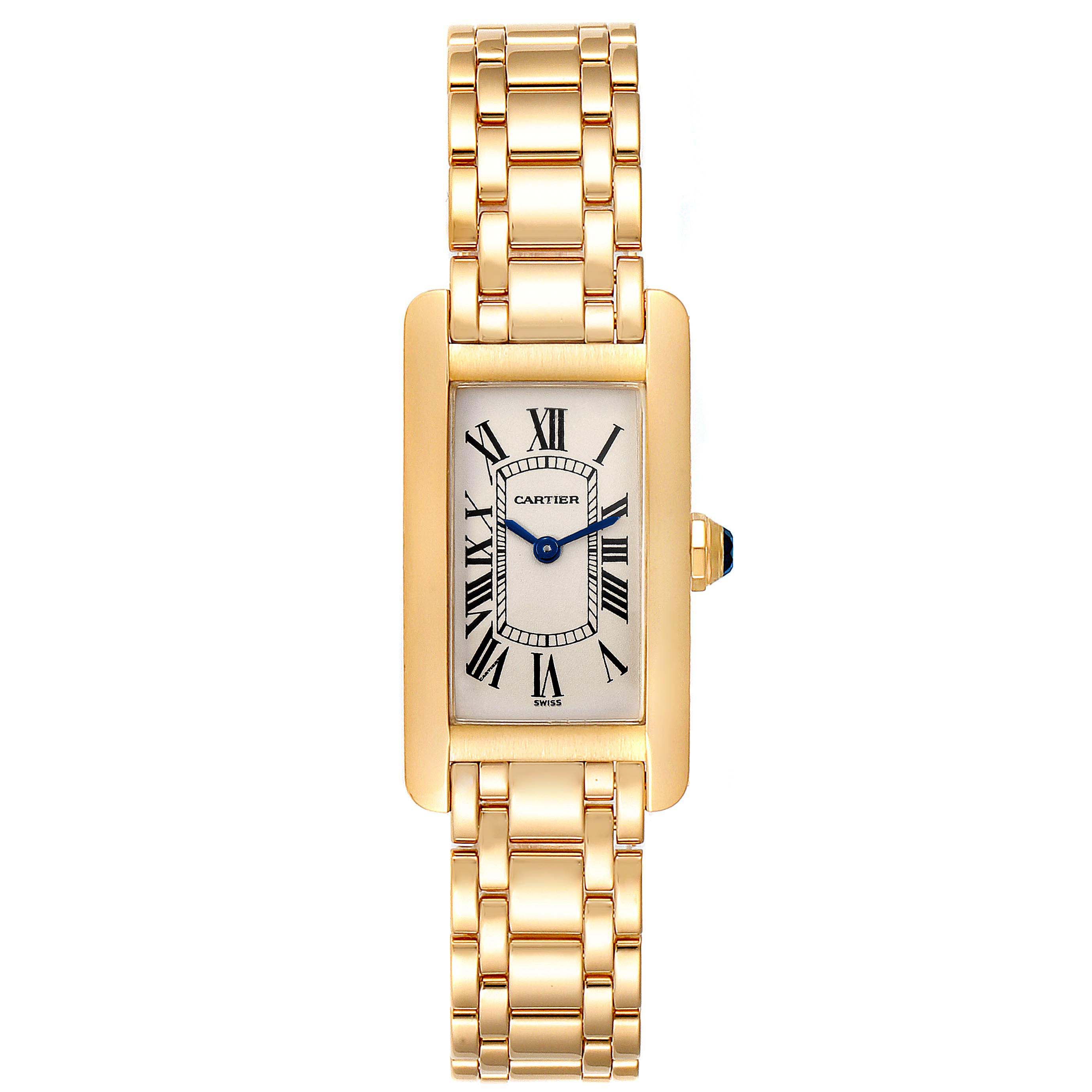 This image shows a straight-on view of the Cartier Tank Americaine W26015K2 Women's Yellow Gold Silver Dial W26015K2 Women's Yellow Gold Silver Dial watch, including the face and gold bracelet.