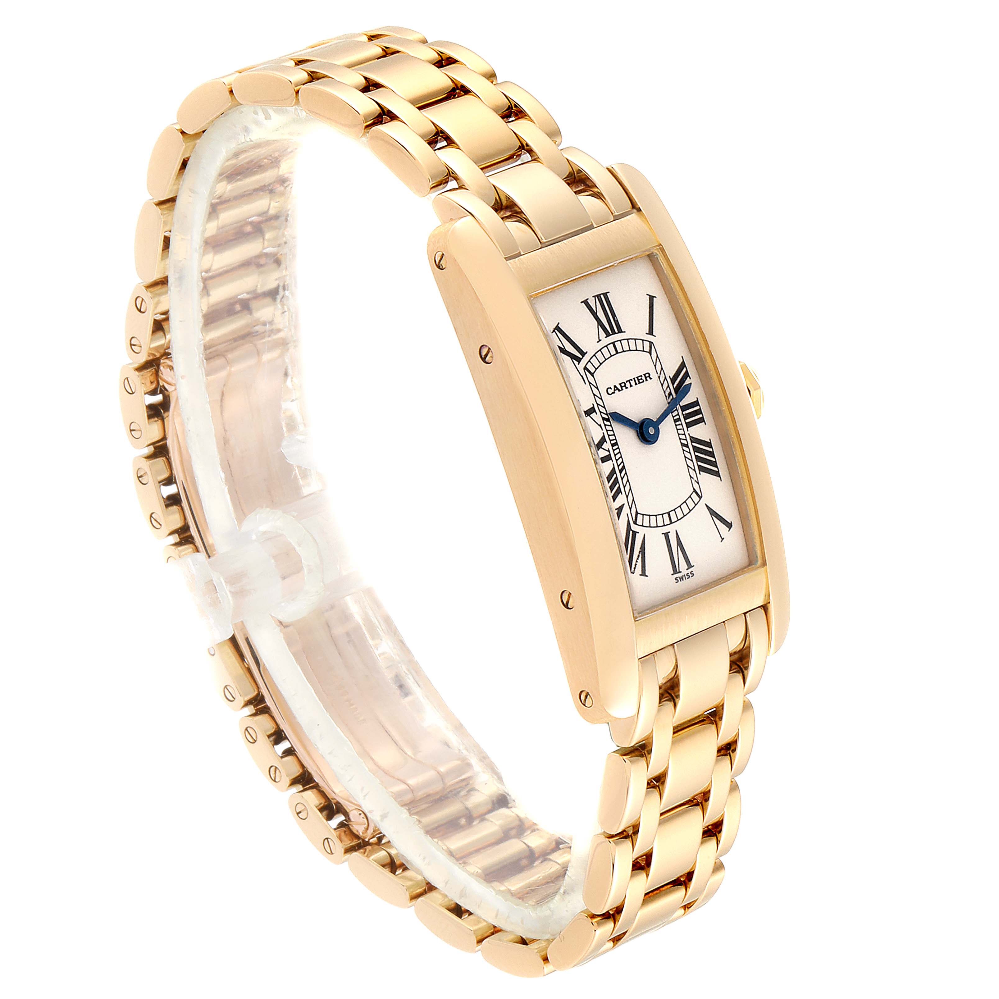 The image shows a Cartier Tank Americaine W26015K2 Women's Yellow Gold Silver Dial W26015K2 Women's Yellow Gold Silver Dial watch at a three-quarter angle, displaying the face, strap, and crown.