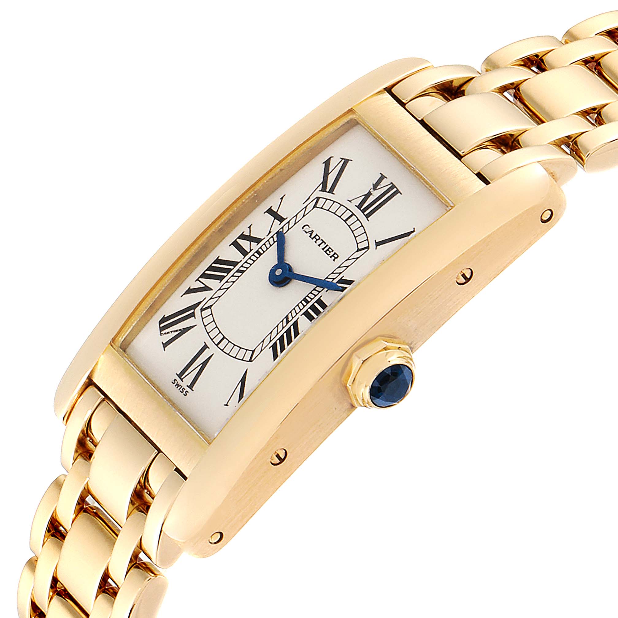 The image shows a side angle of the Cartier Tank Americaine W26015K2 Women's Yellow Gold Silver Dial W26015K2 Women's Yellow Gold Silver Dial watch highlighting the case, crown, and part of the bracelet.