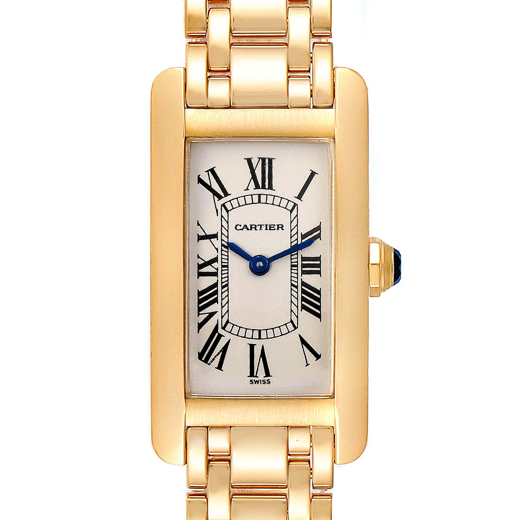The image shows a front view of the Cartier Tank Americaine W26015K2 Women's Yellow Gold Silver Dial W26015K2 Women's Yellow Gold Silver Dial watch, displaying the face, roman numerals, hands, and part of the bracelet.