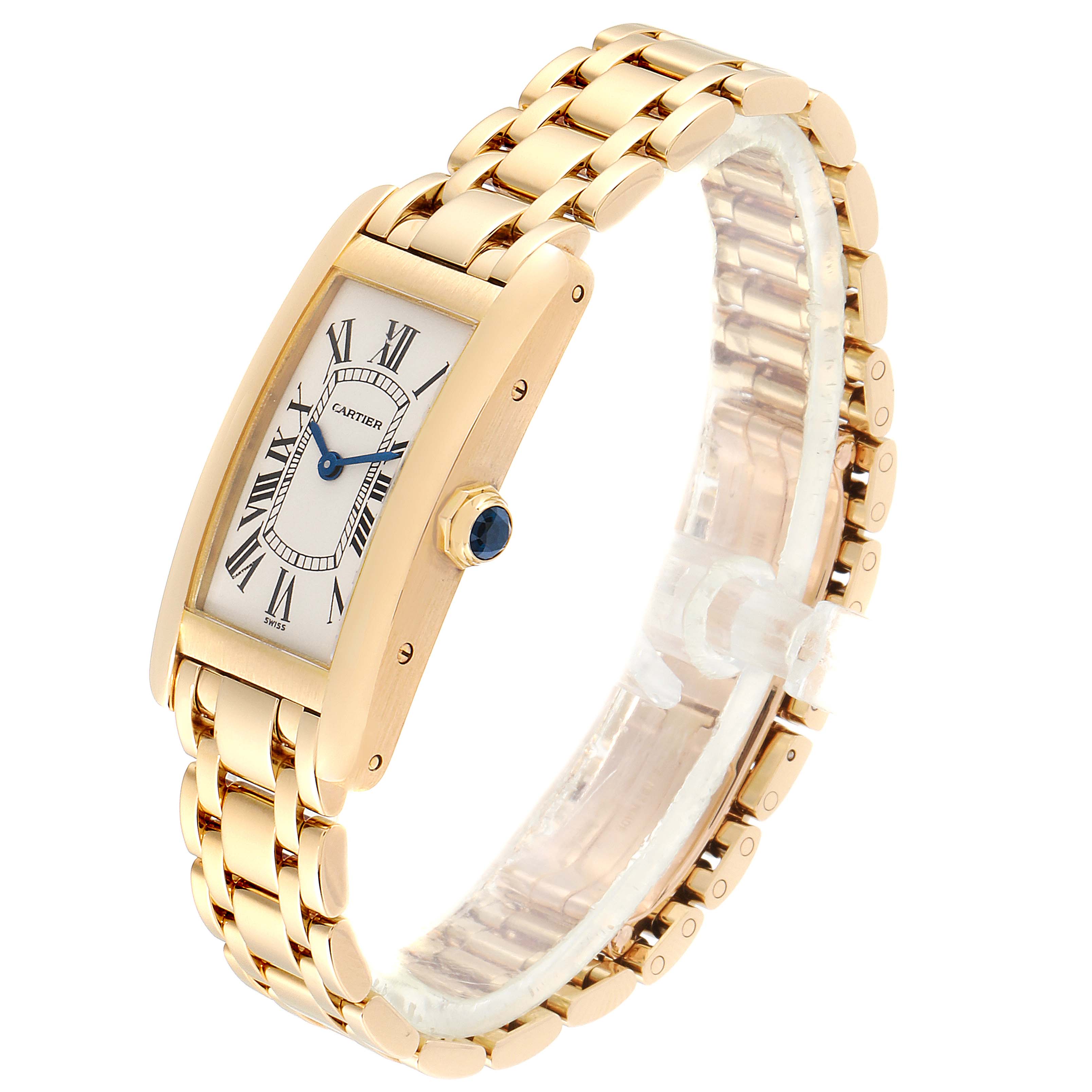 The Tank Américaine by Cartier is shown in a side angle, displaying its rectangular dial and gold bracelet.