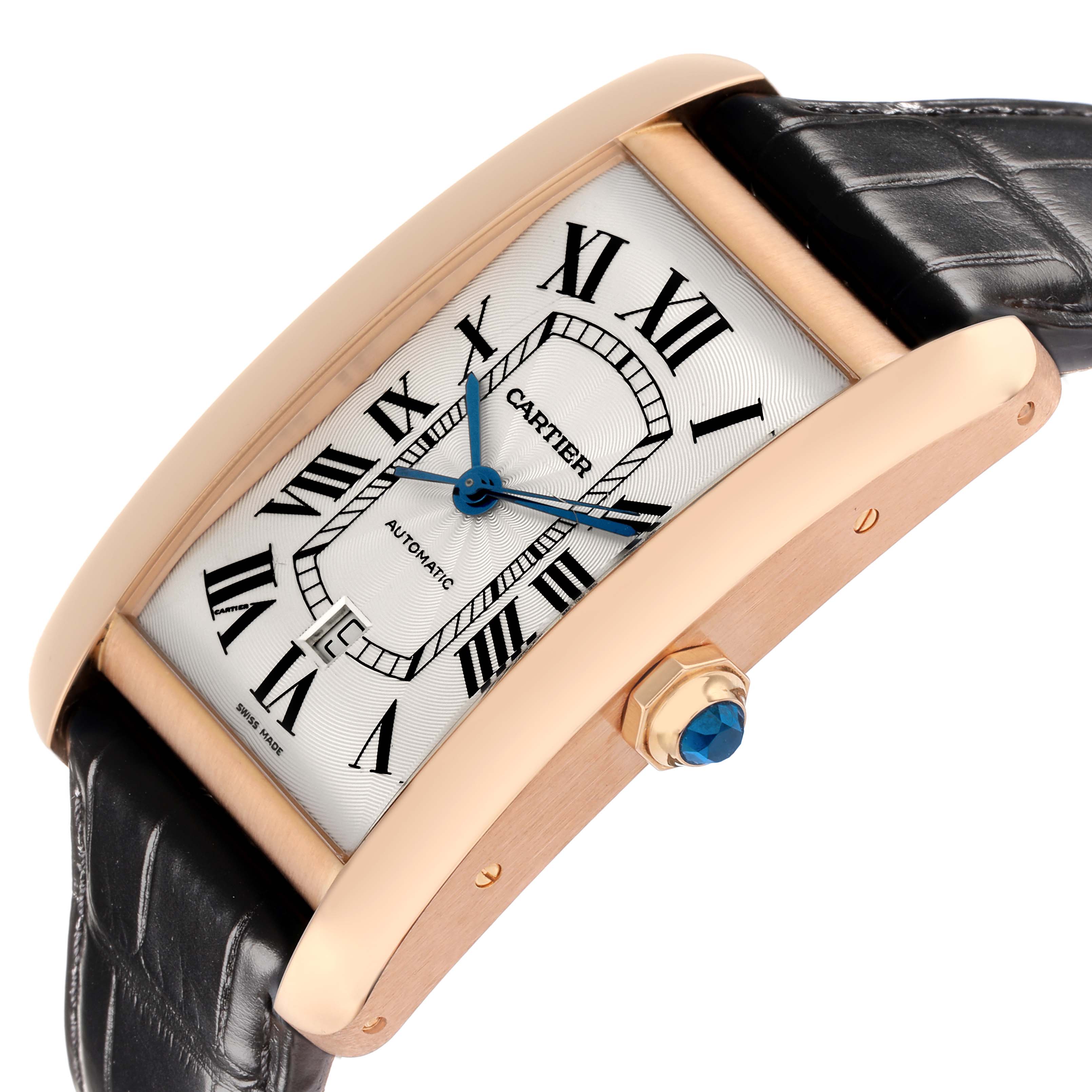 The Cartier Tank Americaine W2609856 Men
s Rose Gold Silver Dial watch is shown from a side angle, highlighting the dial, case, crown, and leather strap.