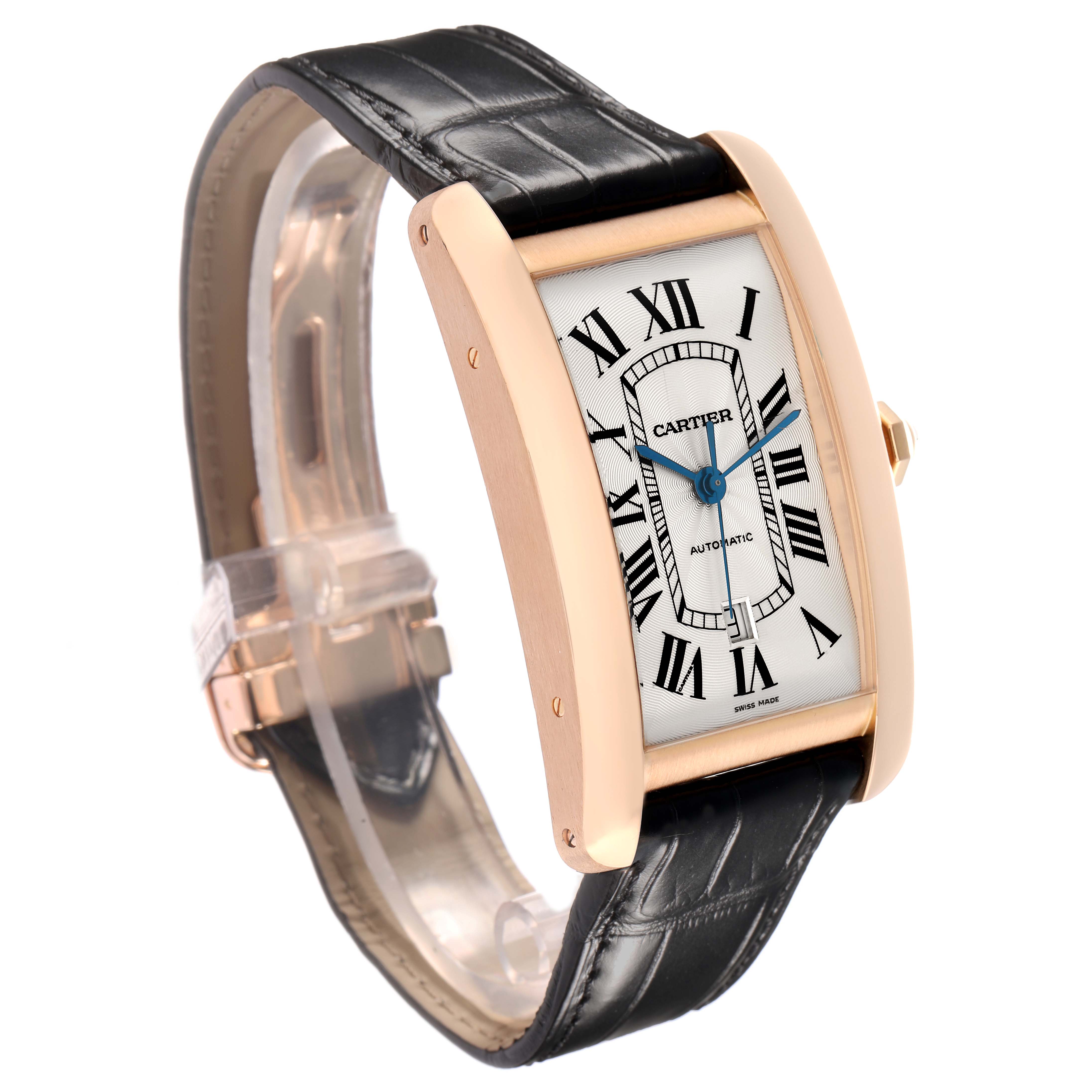 The Cartier Tank Americaine W2609856 Men
s Rose Gold Silver Dial watch is shown at an angle, highlighting the face, Roman numerals, case, and leather strap.