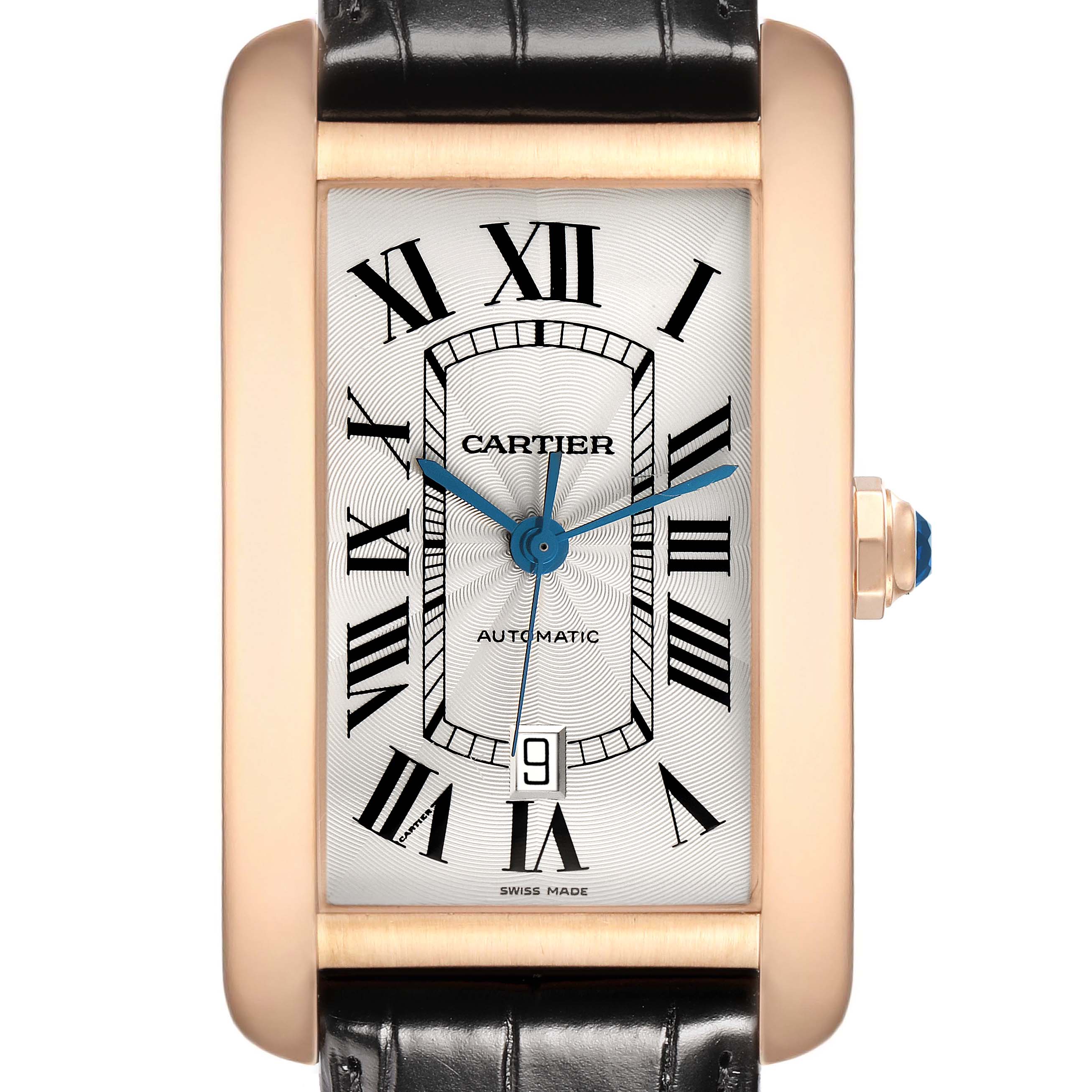 The Cartier Tank Americaine W2609856 Men
s Rose Gold Silver Dial watch is shown from the front, highlighting the dial, case, and leather strap.