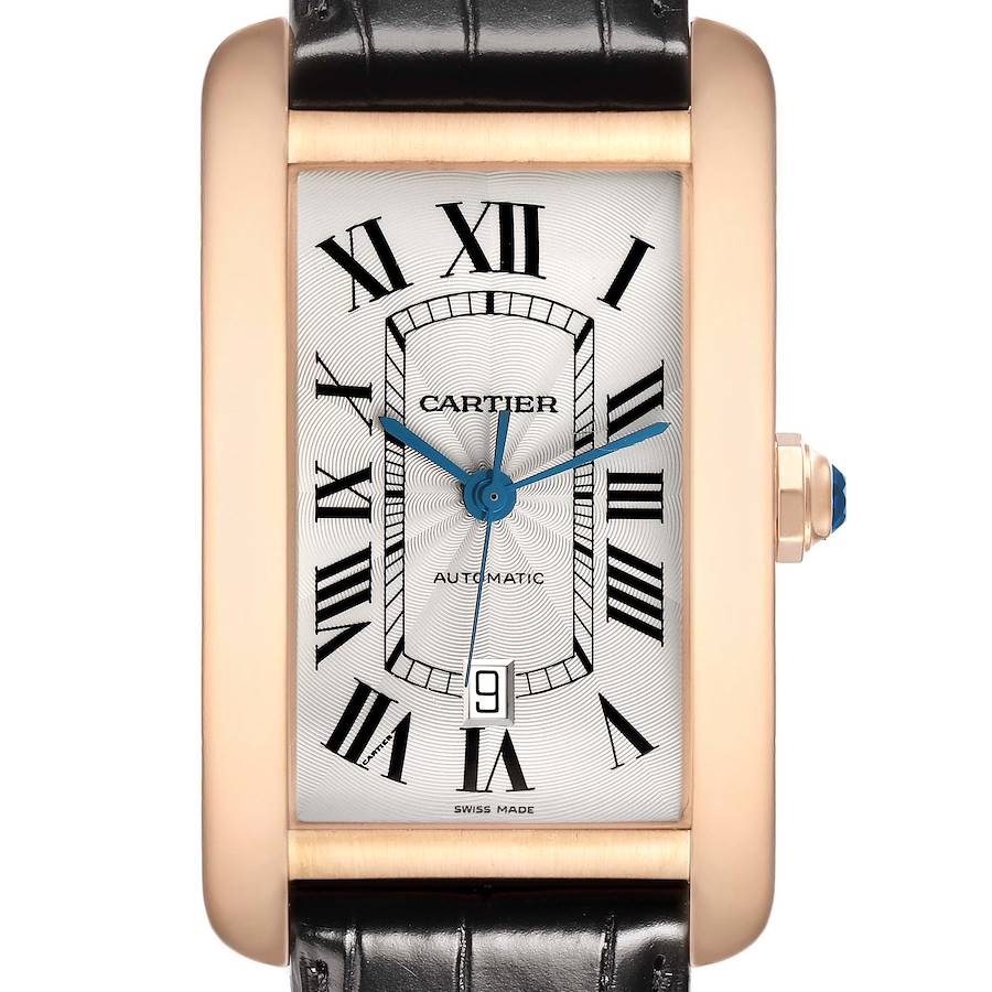 The Cartier Tank Americaine W2609856 Men's Rose Gold Silver Dial watch is shown from the front, highlighting the dial, case, and leather strap.