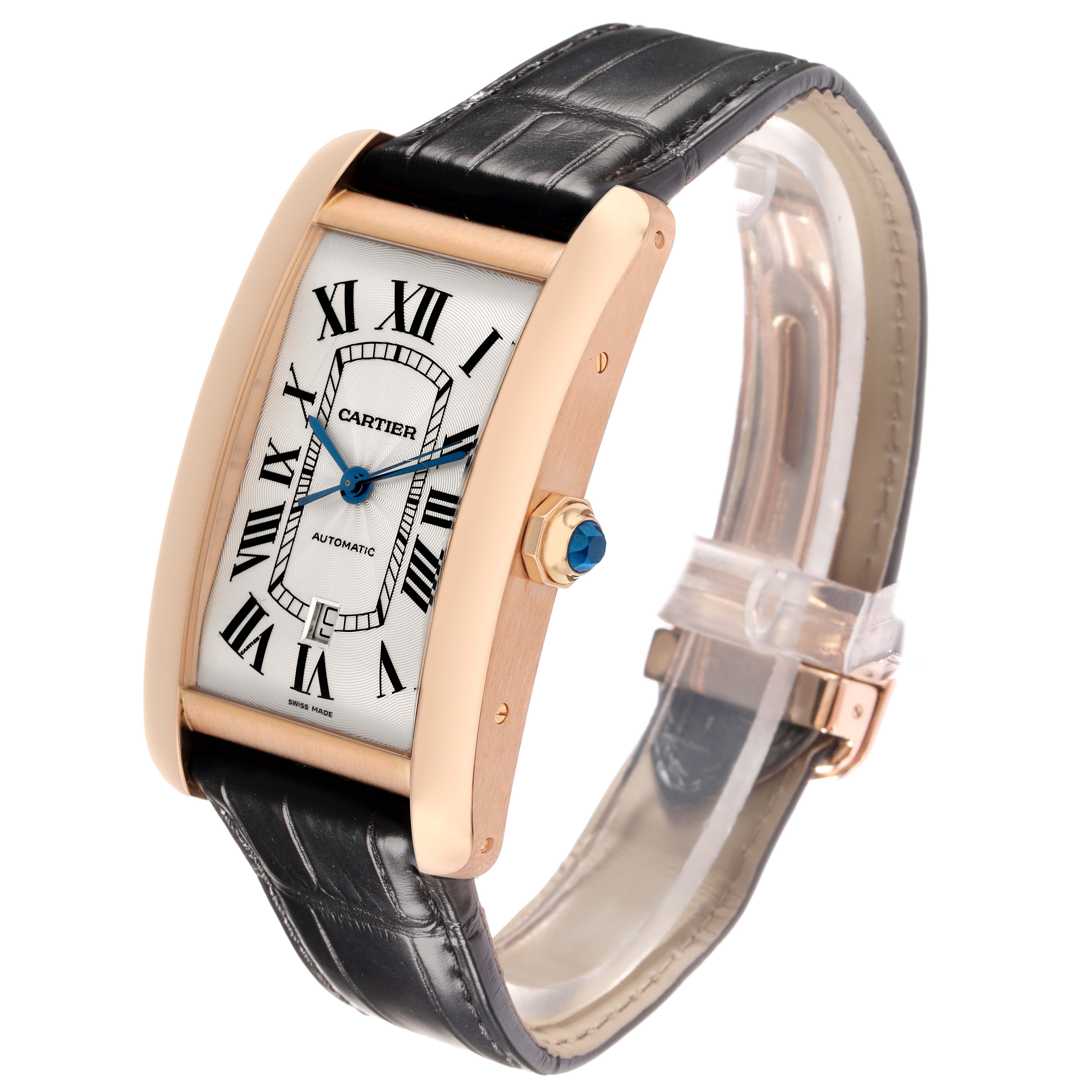 The Cartier Tank Americaine W2609856 Men
s Rose Gold Silver Dial watch is shown at a slight angle, highlighting the face, Roman numerals, crown, and leather strap.