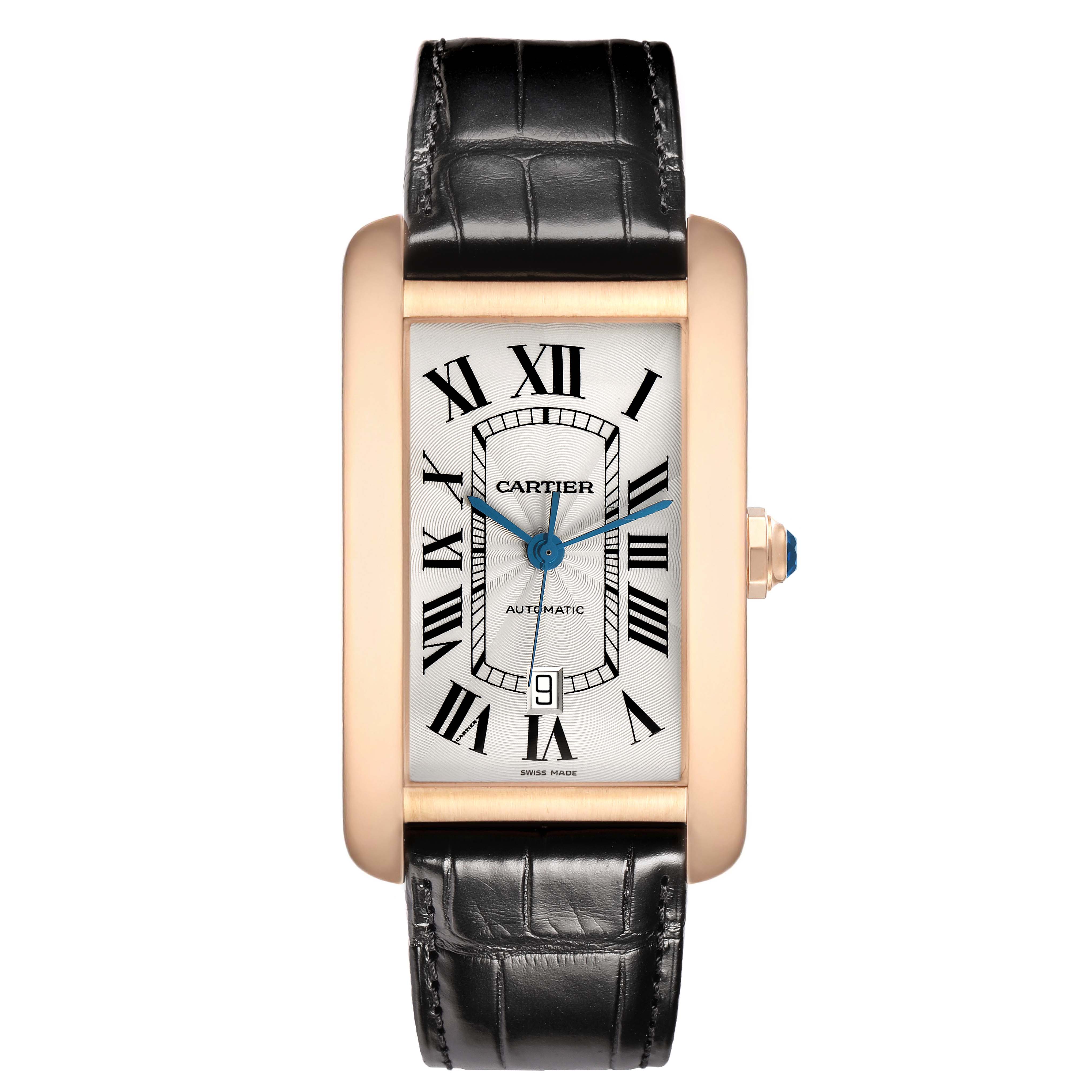 The Cartier Tank Américaine watch is shown from a top-down angle, highlighting its face, strap, and crown.
