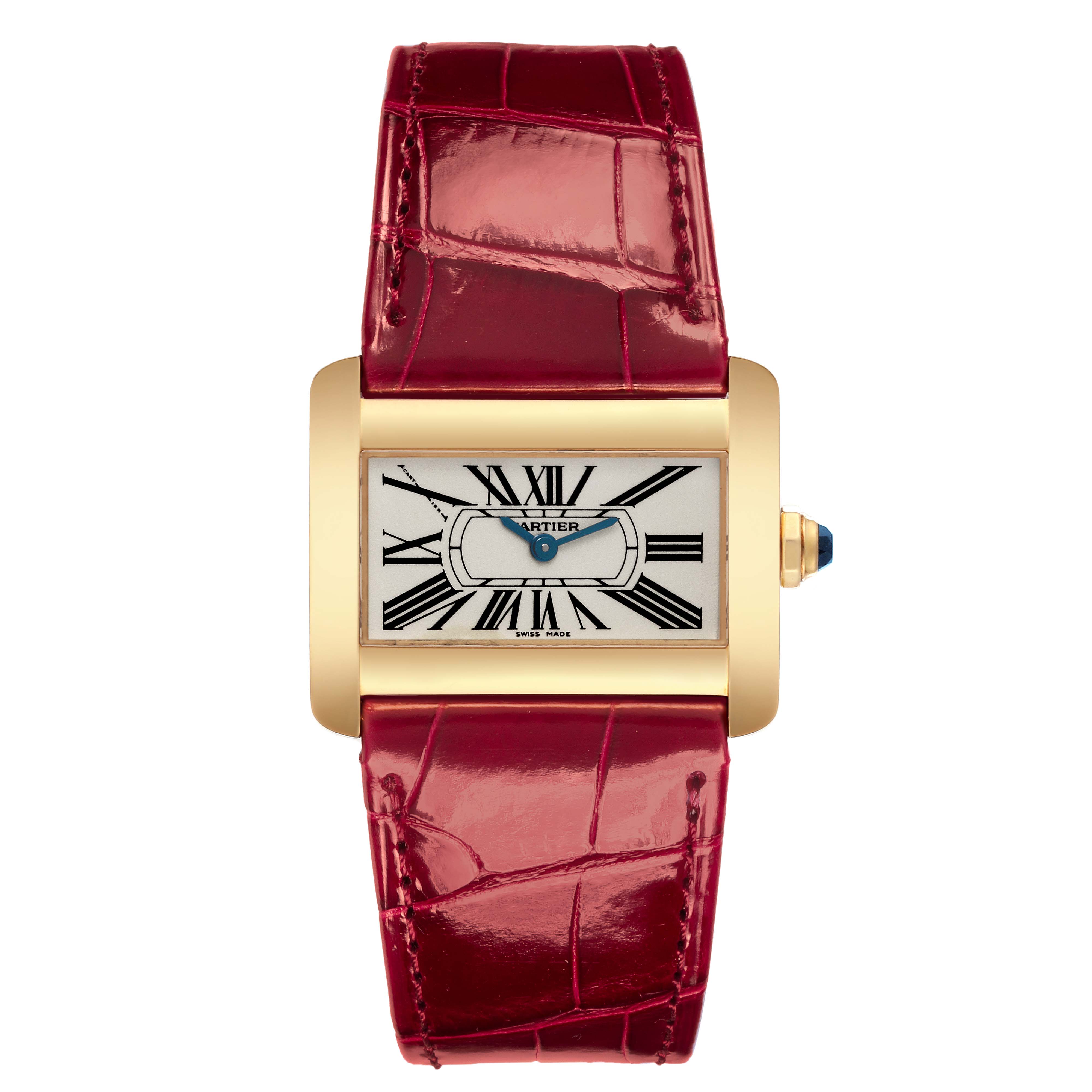 The Cartier Tank Divan W6300356 Women's Yellow Gold Silver Dial W6300356 Women's Yellow Gold Silver Dial watch is shown from a front angle, highlighting its face and red leather strap.