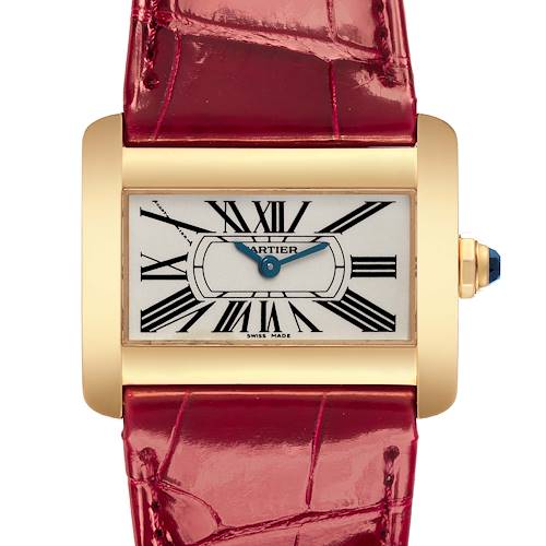 The Cartier Tank Divan watch is shown from the front, highlighting the face, strap, and crown.