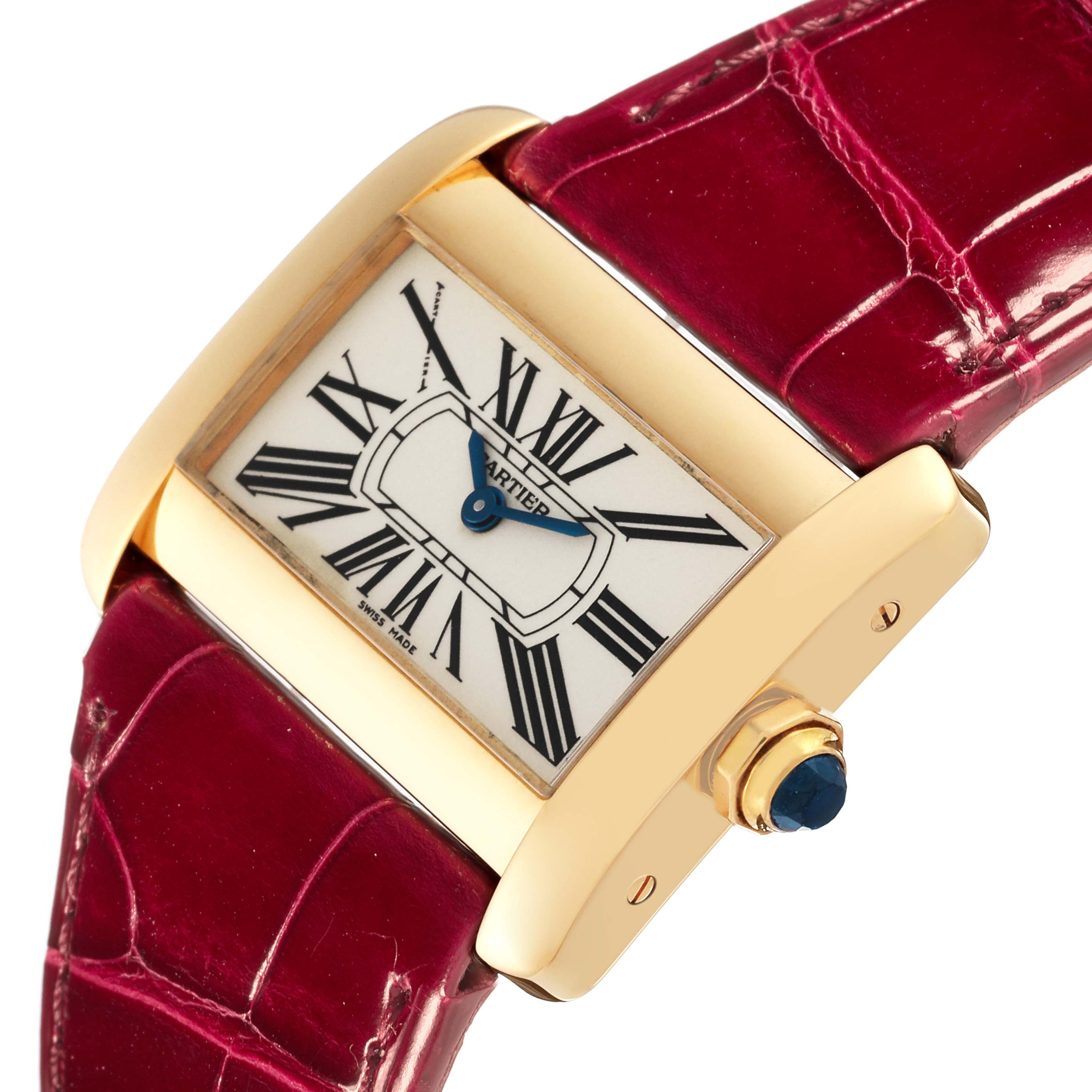 The Cartier Tank Divan W6300356 Women's Yellow Gold Silver Dial W6300356 Women's Yellow Gold Silver Dial watch is shown from an angled top view, displaying its face, crown, and part of the strap.