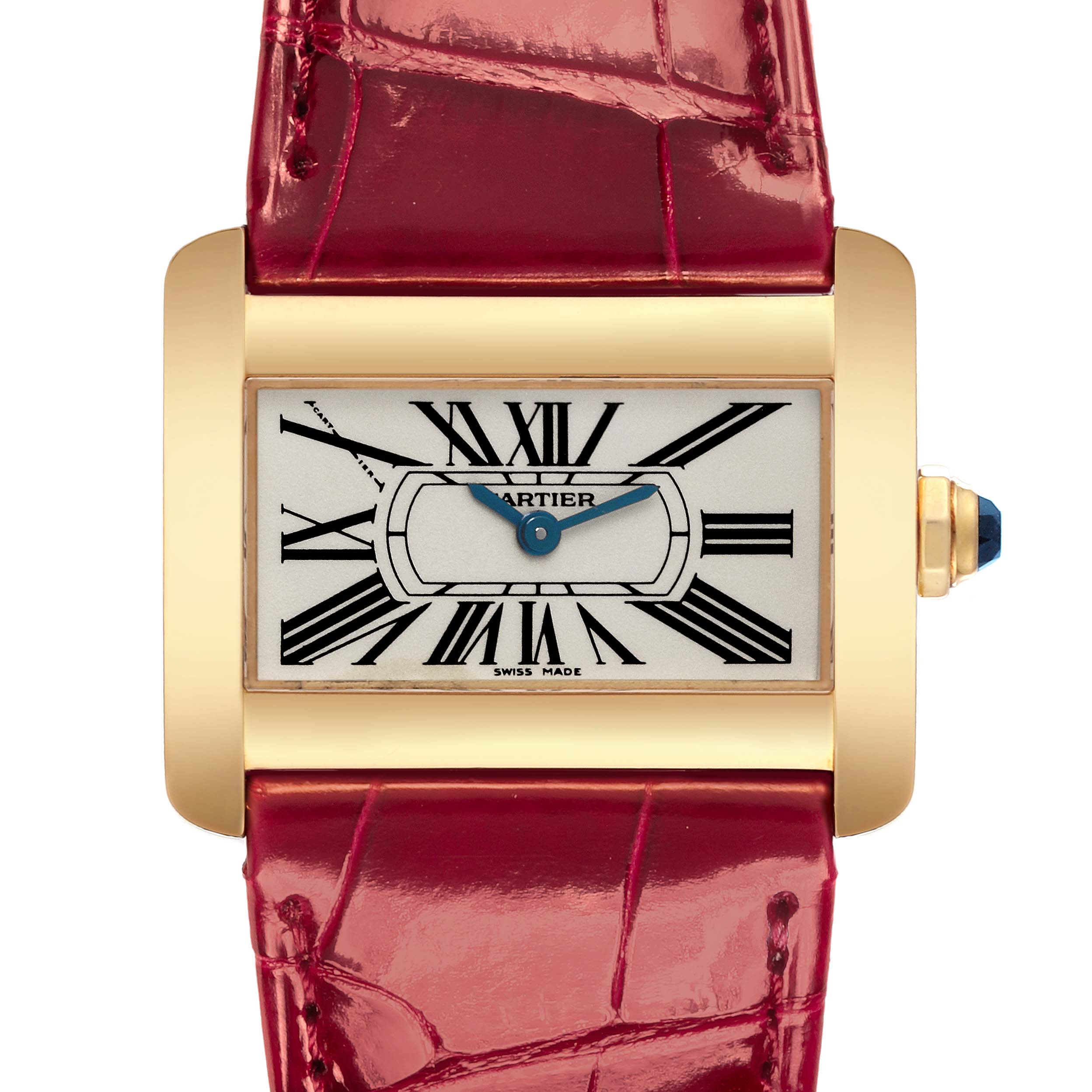 The Cartier Tank Divan W6300356 Women's Yellow Gold Silver Dial W6300356 Women's Yellow Gold Silver Dial watch is shown from a front angle, highlighting its face, Roman numerals, and red leather strap.