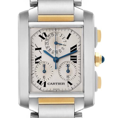 The Cartier Tank Francaise watch is shown from a front angle, highlighting its dial, sub-dials, and side buttons.