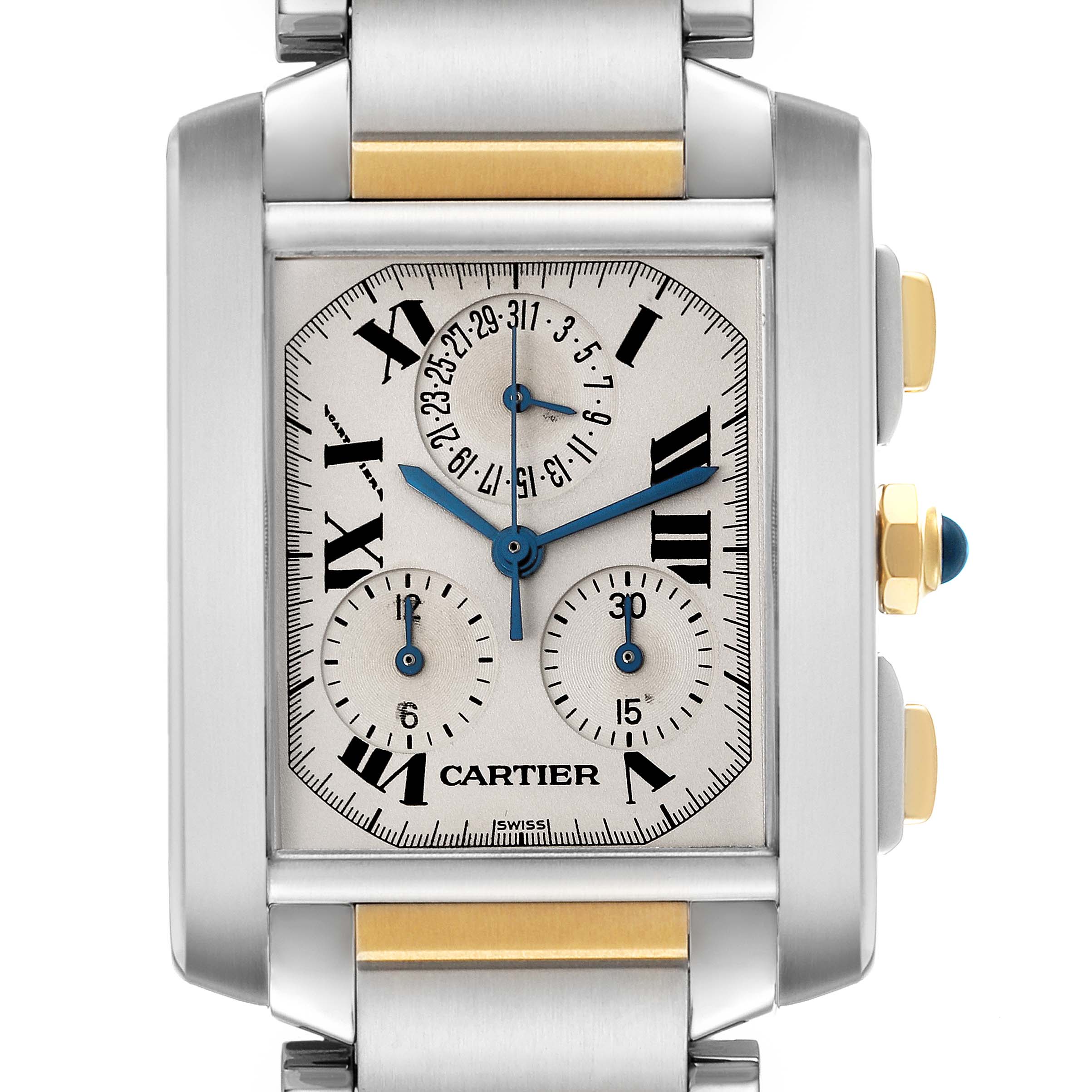 The Cartier Tank Francaise W51004Q4 Men's Steel and Gold (two tone) Silver Dial W51004Q4 Men's Steel and Gold (two tone) Silver Dial watch is shown from a front angle, highlighting its dial and buttons on the side.