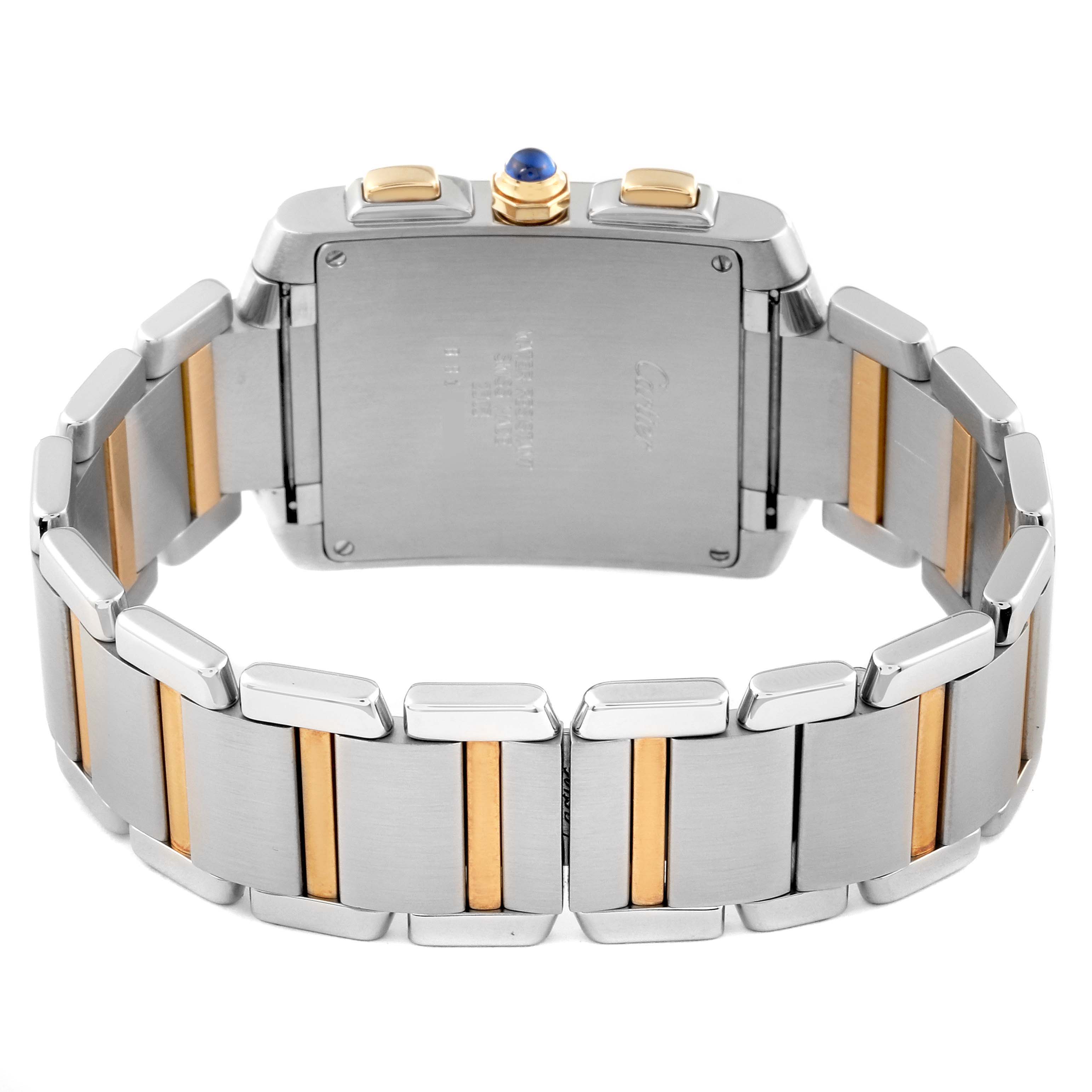 The image shows the back and bracelet of the Cartier Tank Française watch, highlighting the clasp and two-tone metal links.