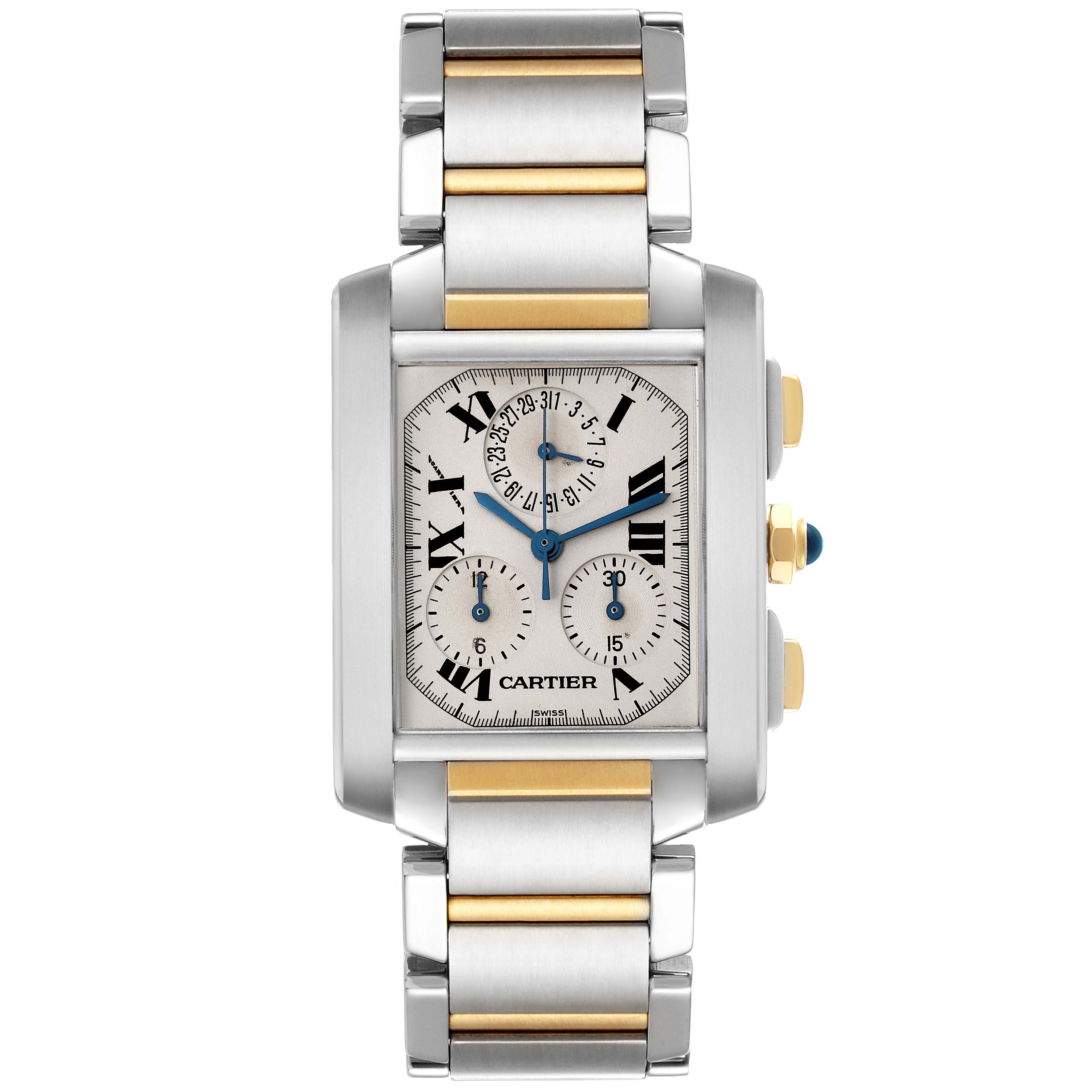 The Cartier Tank Francaise W51004Q4 Men's Steel and Gold (two tone) Silver Dial W51004Q4 Men's Steel and Gold (two tone) Silver Dial watch is shown from a top angle, highlighting its face, bracelet, and side buttons.