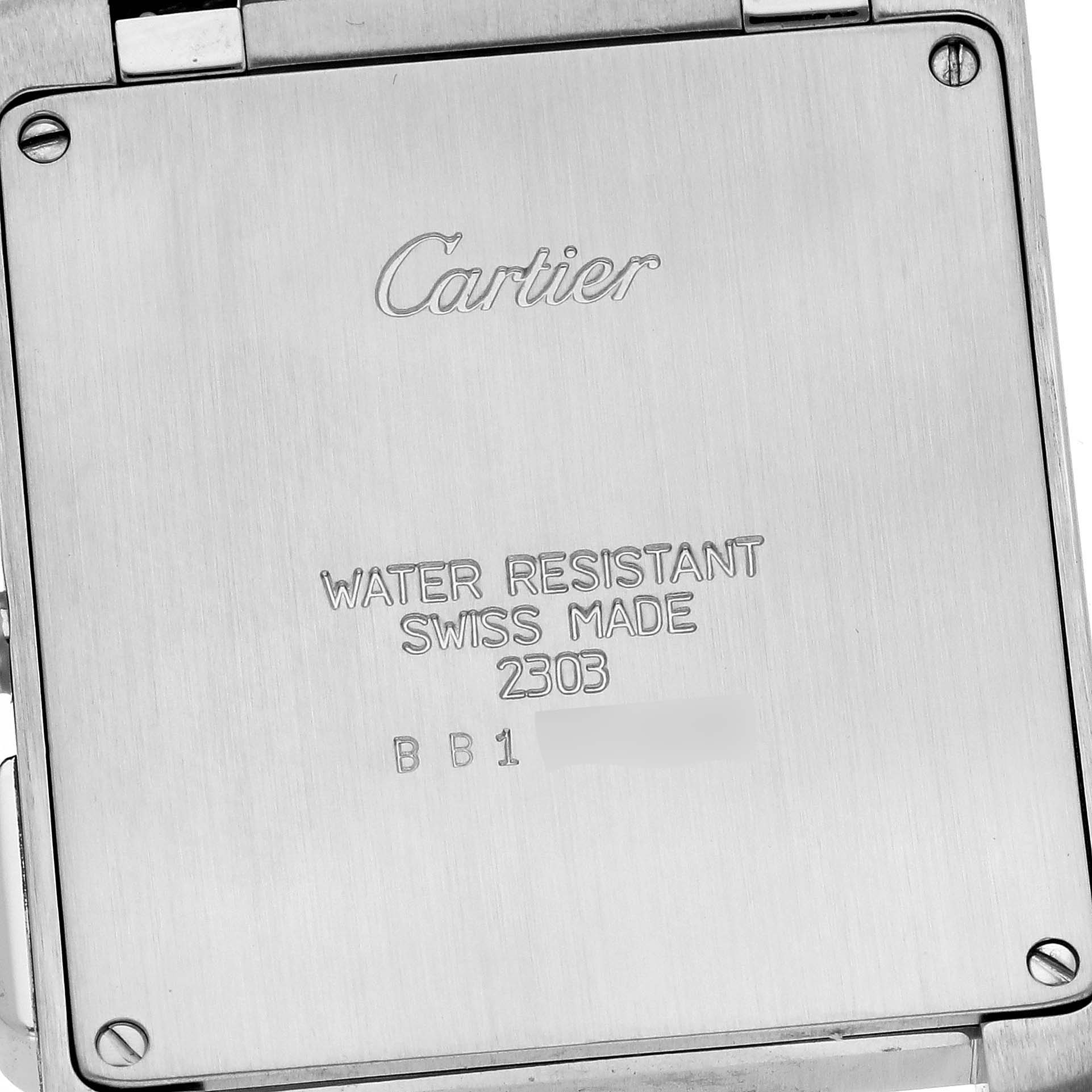The image shows the back case of a Cartier Tank Française watch, displaying brand and model details.