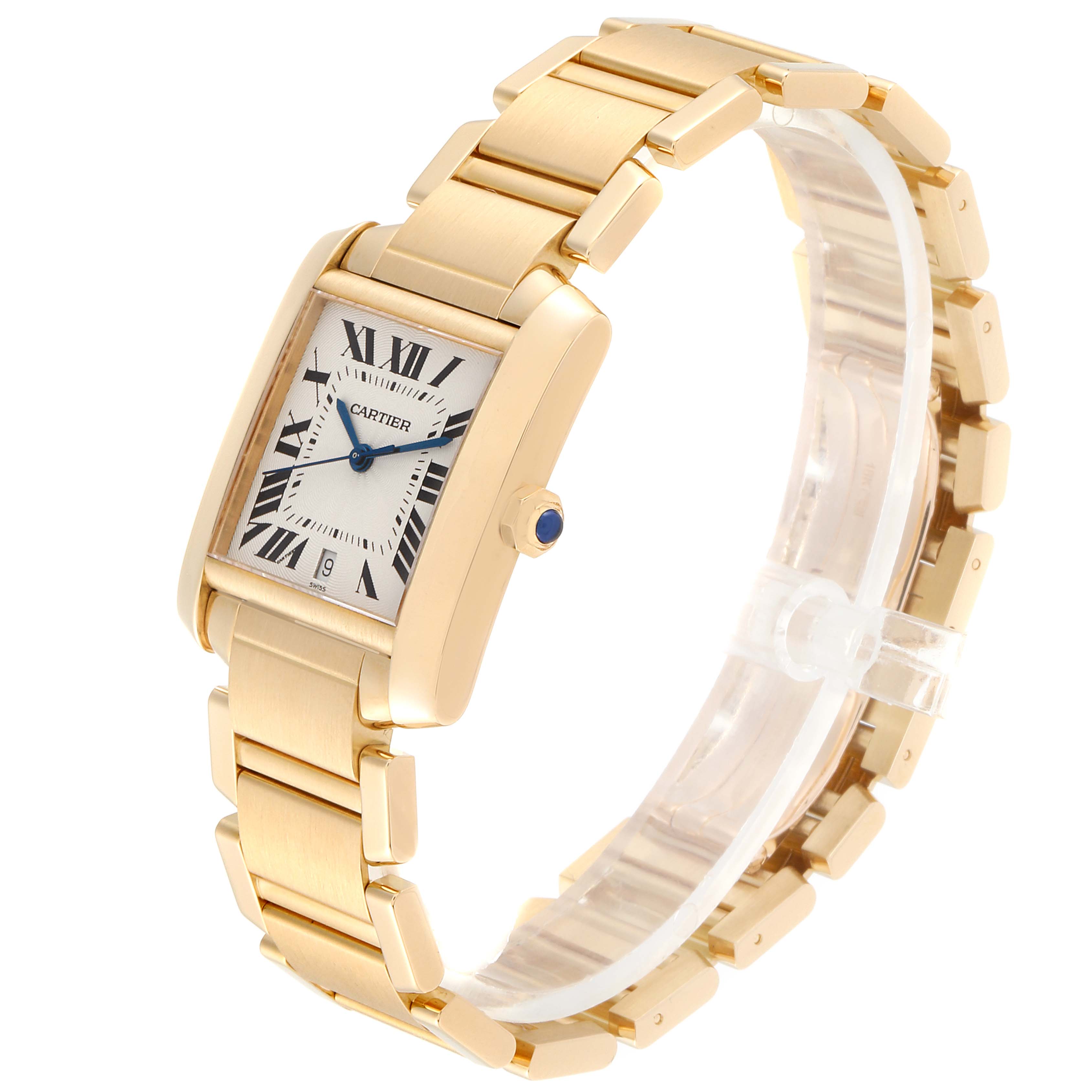 The image shows a Cartier Tank Française watch at a three-quarter angle, highlighting its face, bracelet, and crown.