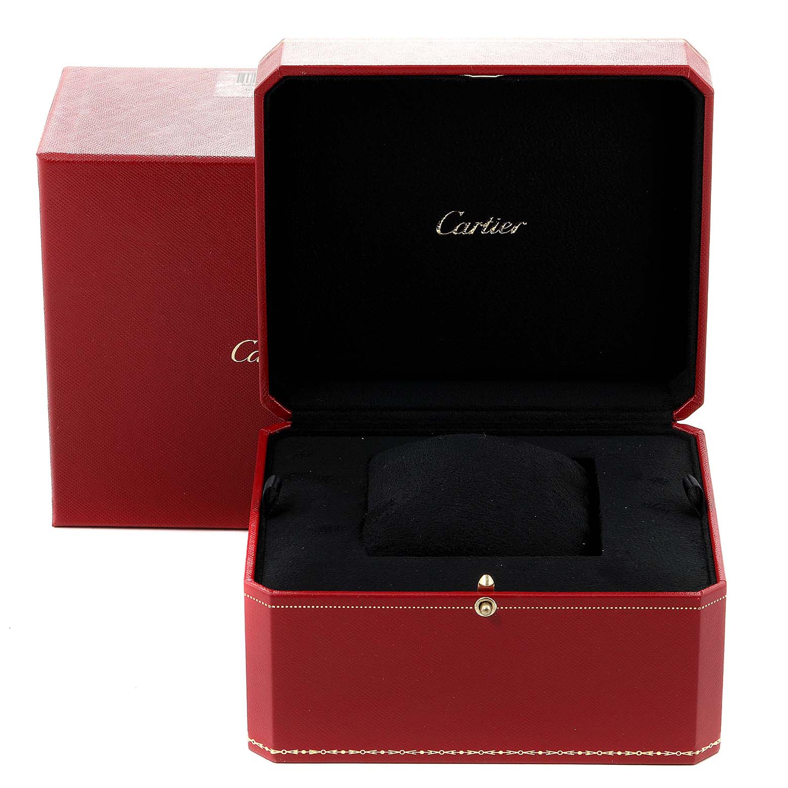 The image shows the packaging box for a Cartier Tank Française watch, including the outer box and the inner plush-lined case.