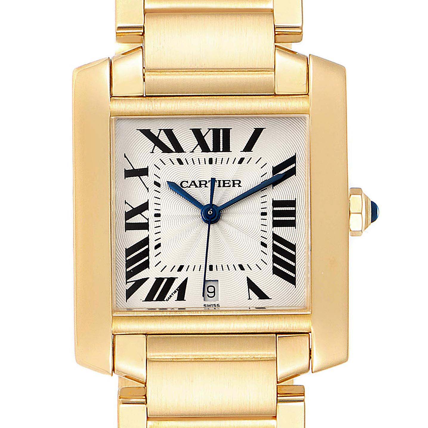 This image shows a frontal view of the Cartier Tank Française watch, displaying its face, gold bezel, and part of the gold bracelet.