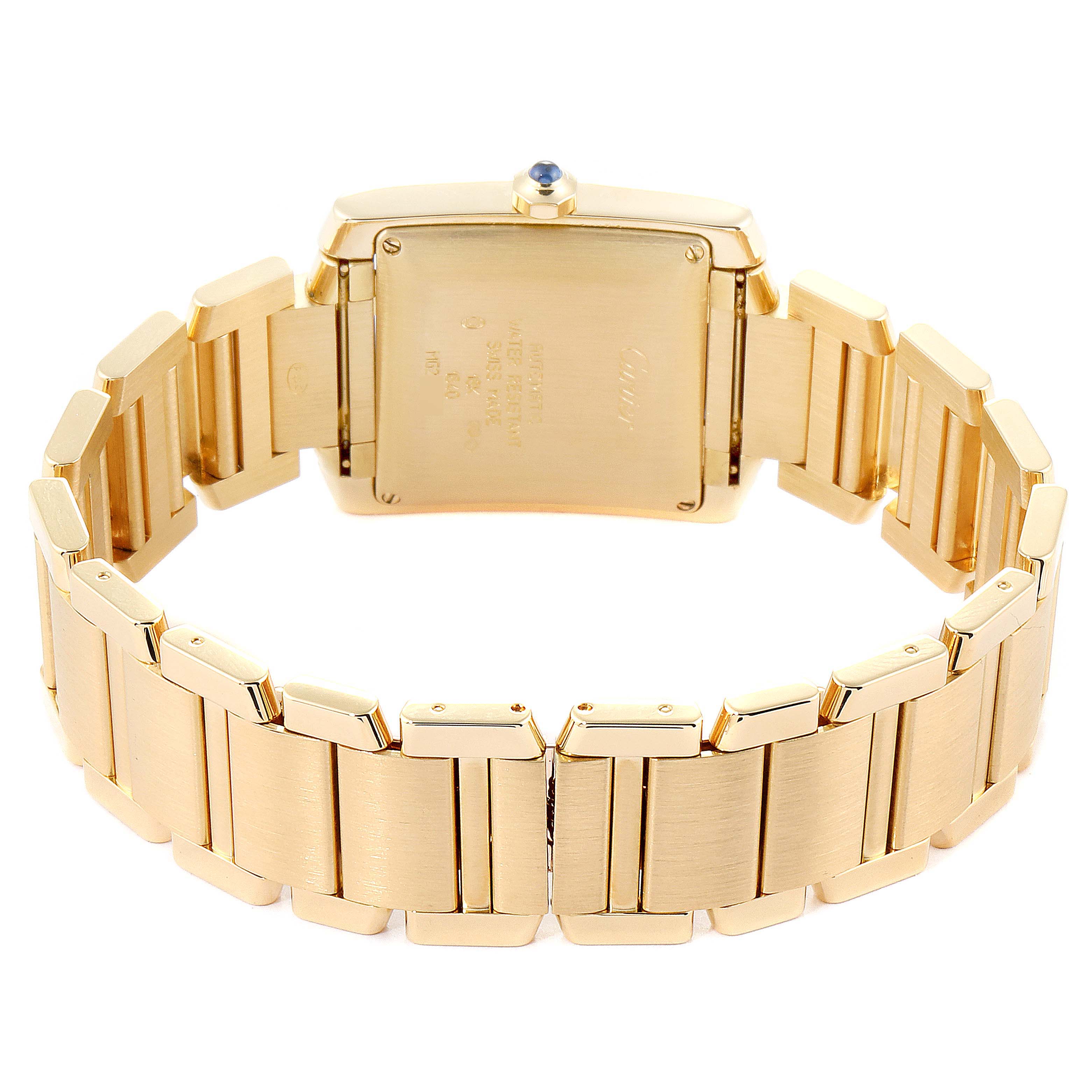 This image shows the back view of a Cartier Tank Francaise W50001R2 Men's Yellow Gold Silver Dial W50001R2 Men's Yellow Gold Silver Dial watch, including its gold metal bracelet and case back.
