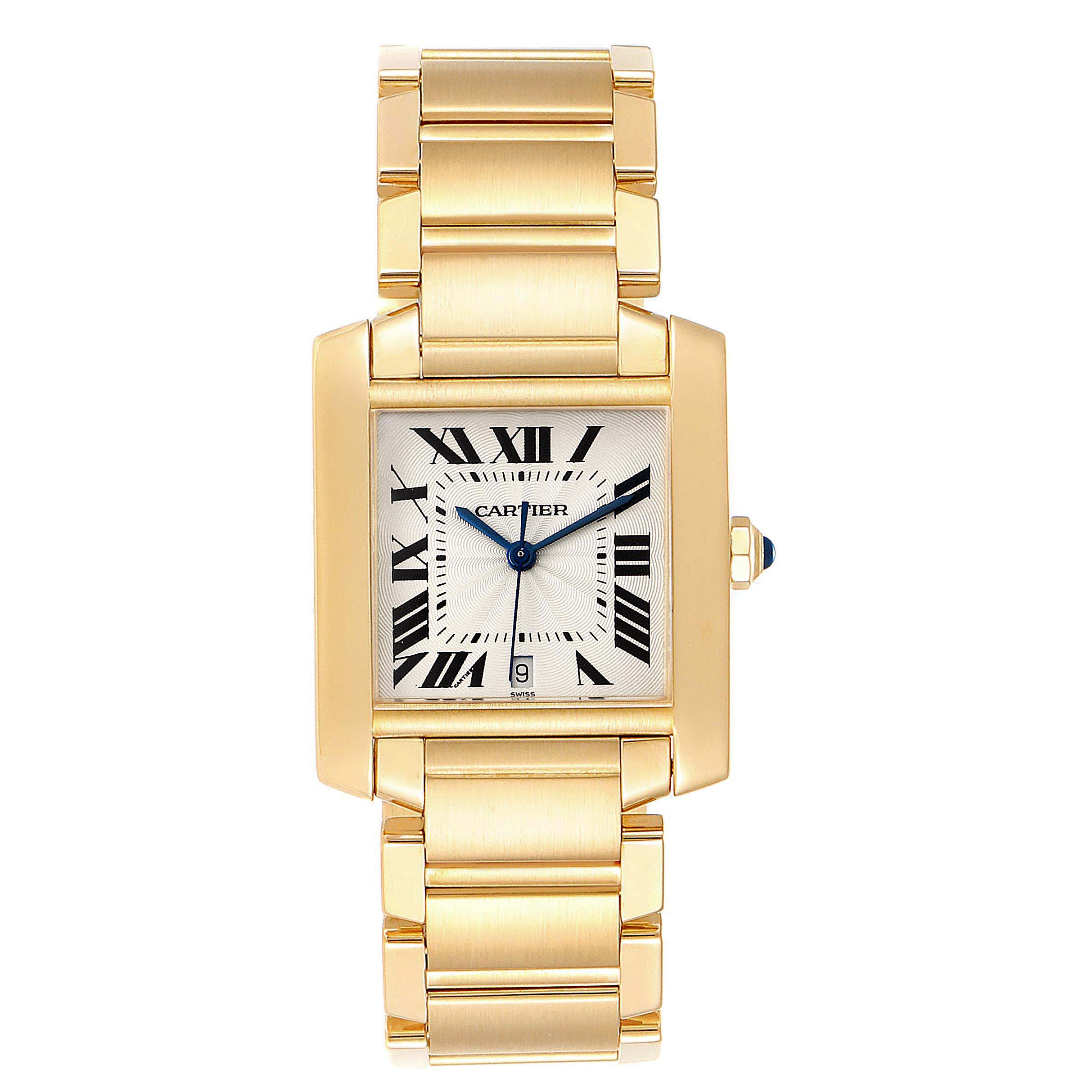 The image shows a frontal view of a Cartier Tank Francaise W50001R2 Men's Yellow Gold Silver Dial W50001R2 Men's Yellow Gold Silver Dial watch, highlighting the gold bracelet, rectangular case, and Roman numeral dial.