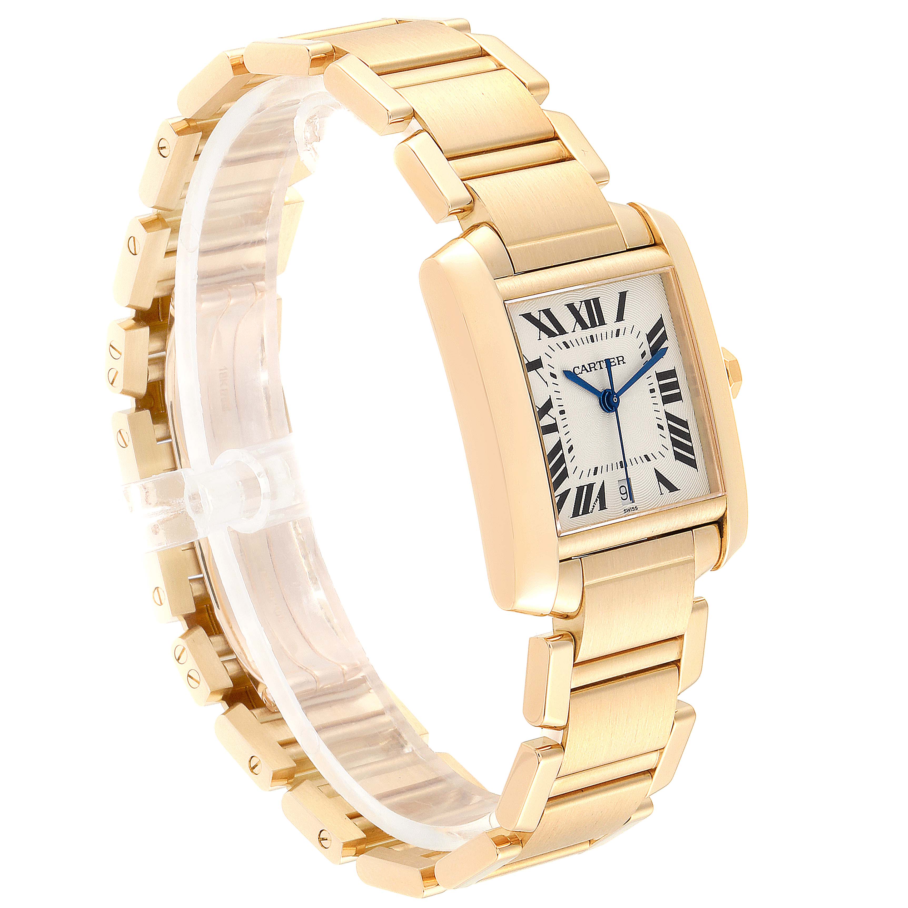The Cartier Tank Francaise W50001R2 Men's Yellow Gold Silver Dial W50001R2 Men's Yellow Gold Silver Dial watch is shown at a three-quarter angle, displaying its gold bracelet and rectangular dial.