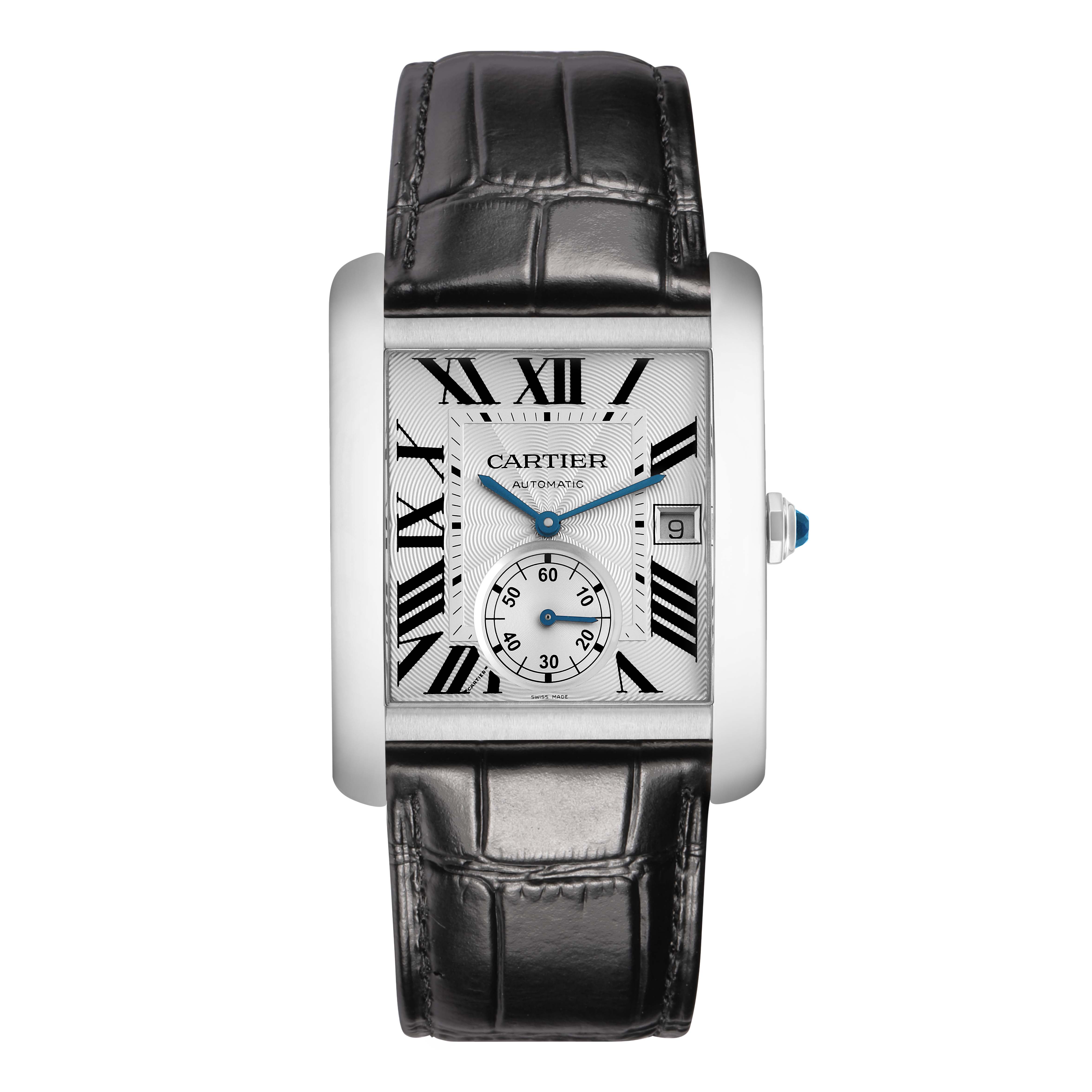 The Cartier Tank MC W5330003 Men
s Stainless Steel Silver Dial watch is shown from a front view, highlighting its rectangular dial, Roman numerals, and black alligator strap.