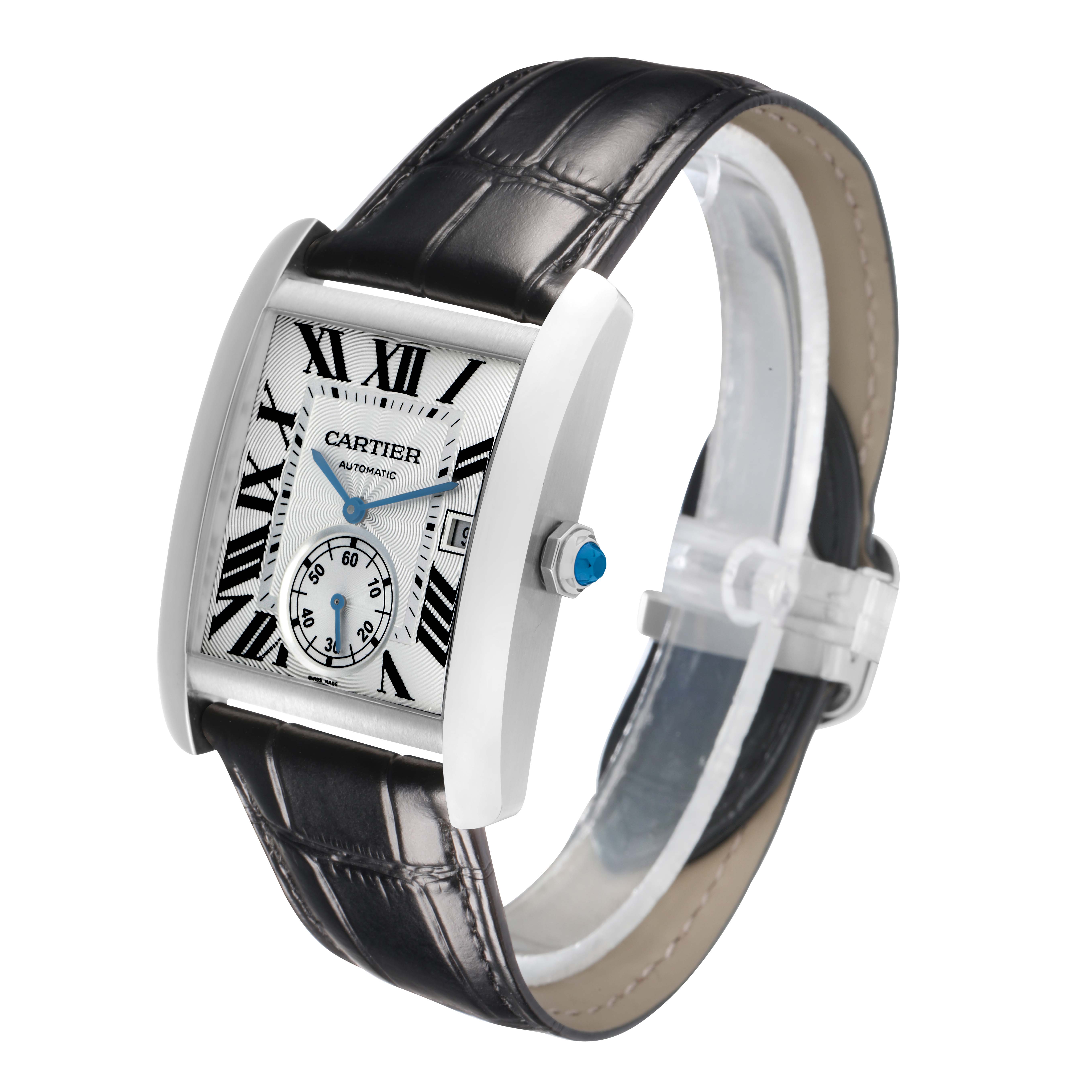 The Cartier Tank MC W5330003 Men
s Stainless Steel Silver Dial watch is shown at a slight angle, displaying the face, crown, and leather strap.