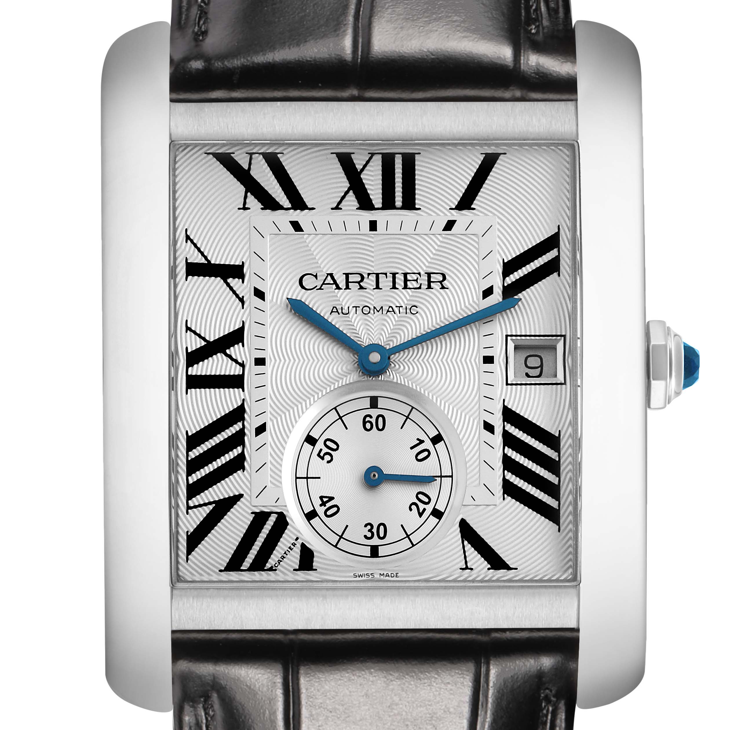 The Cartier Tank MC W5330003 Men
s Stainless Steel Silver Dial watch is shown from the front, highlighting the dial, Roman numerals, date window, and sub-dial.