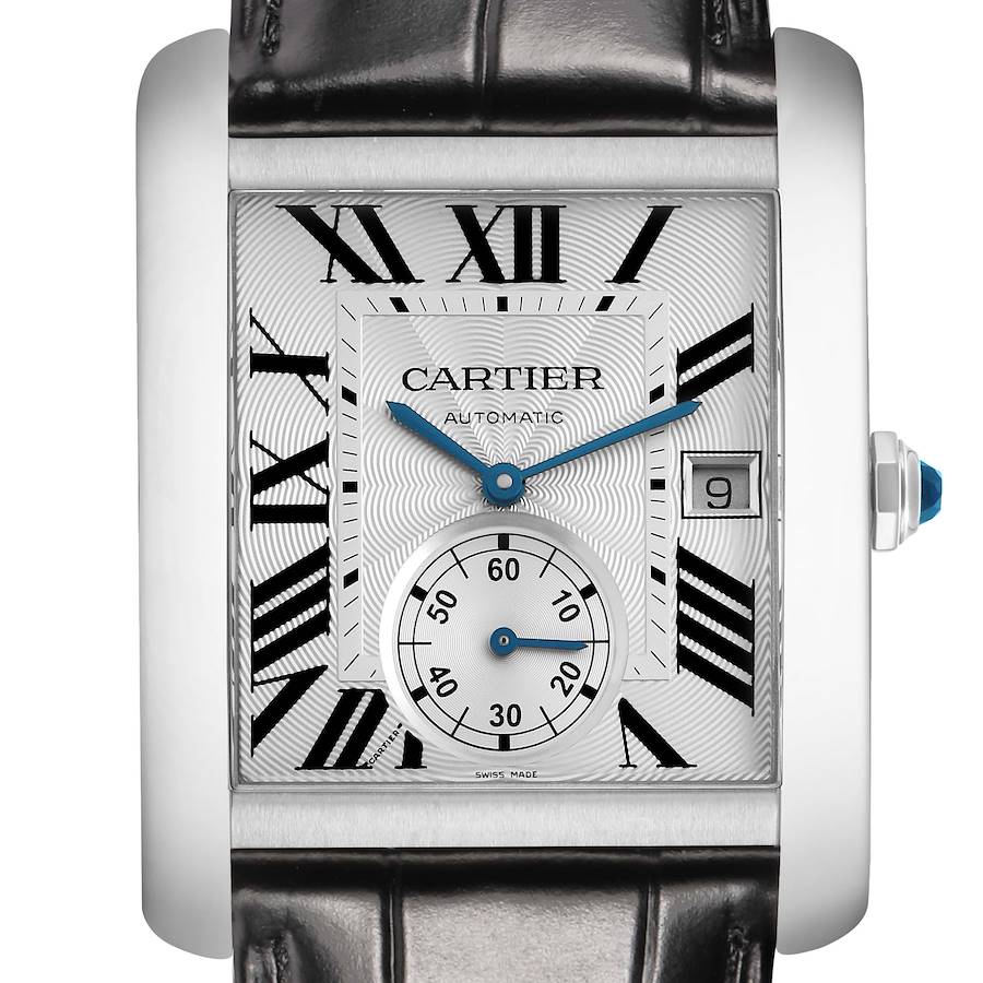 The Cartier Tank MC W5330003 Men's Stainless Steel Silver Dial watch is shown from the front, highlighting the dial, Roman numerals, date window, and sub-dial.