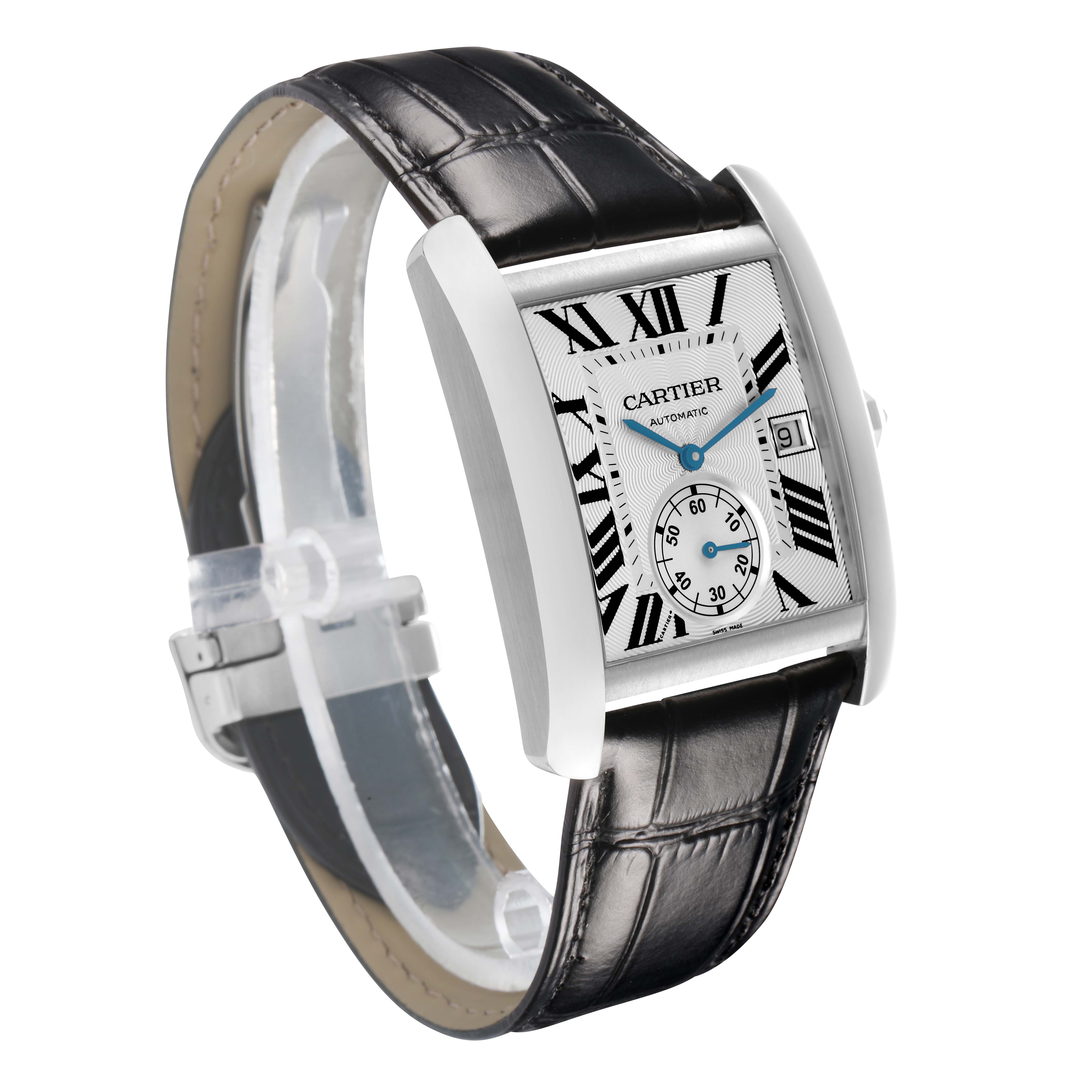 The Cartier Tank MC W5330003 Men
s Stainless Steel Silver Dial watch is shown at a three-quarter angle, highlighting the rectangular face, Roman numerals, and leather strap.