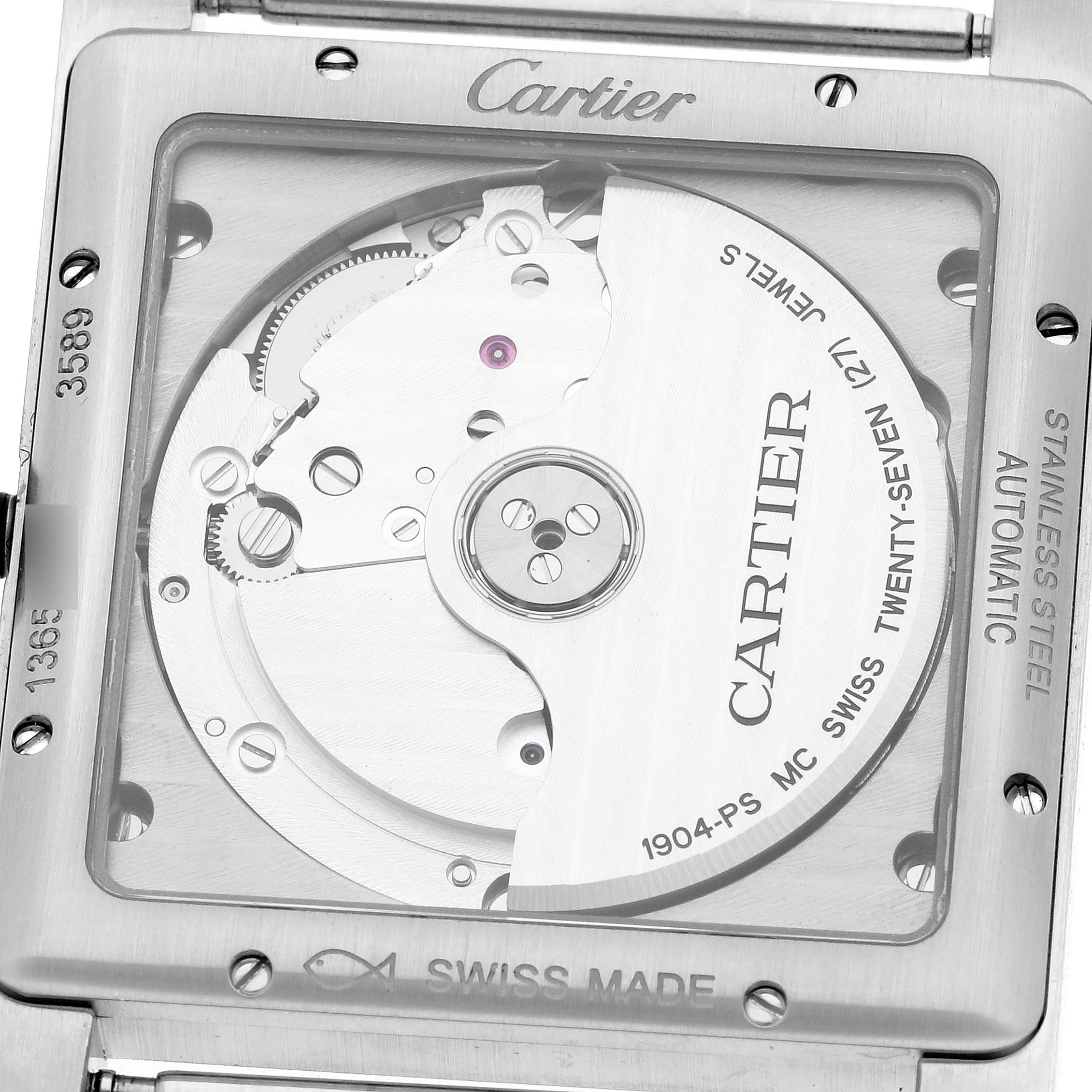 The image shows the back of the Cartier Tank MC W5330003 Men
s Stainless Steel Silver Dial watch, highlighting its automatic movement and internal mechanics.