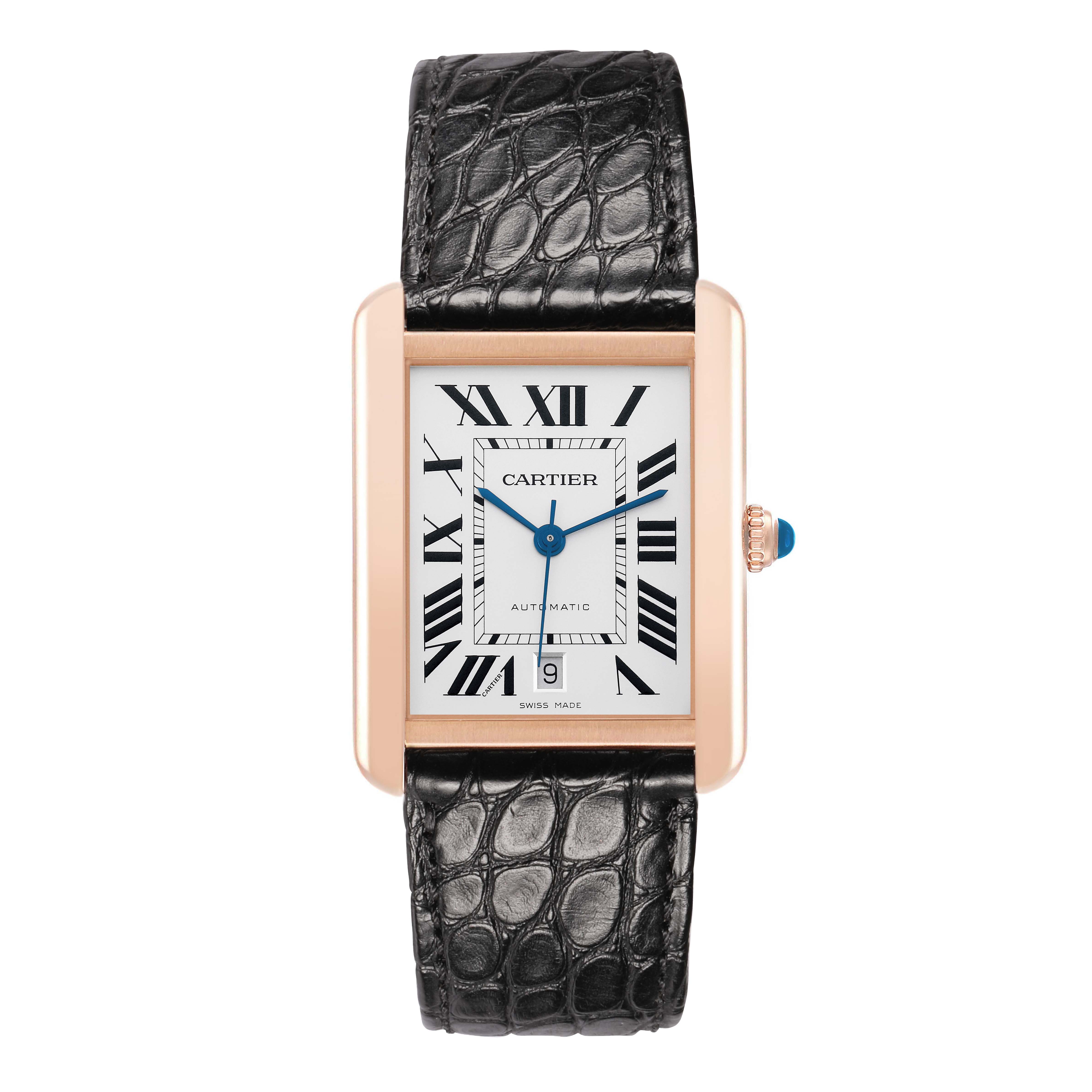 The Cartier Tank Solo W5200026 Men
s Rose Gold Silver Dial watch is shown from a top view, displaying its rectangular face, Roman numerals, and leather strap.