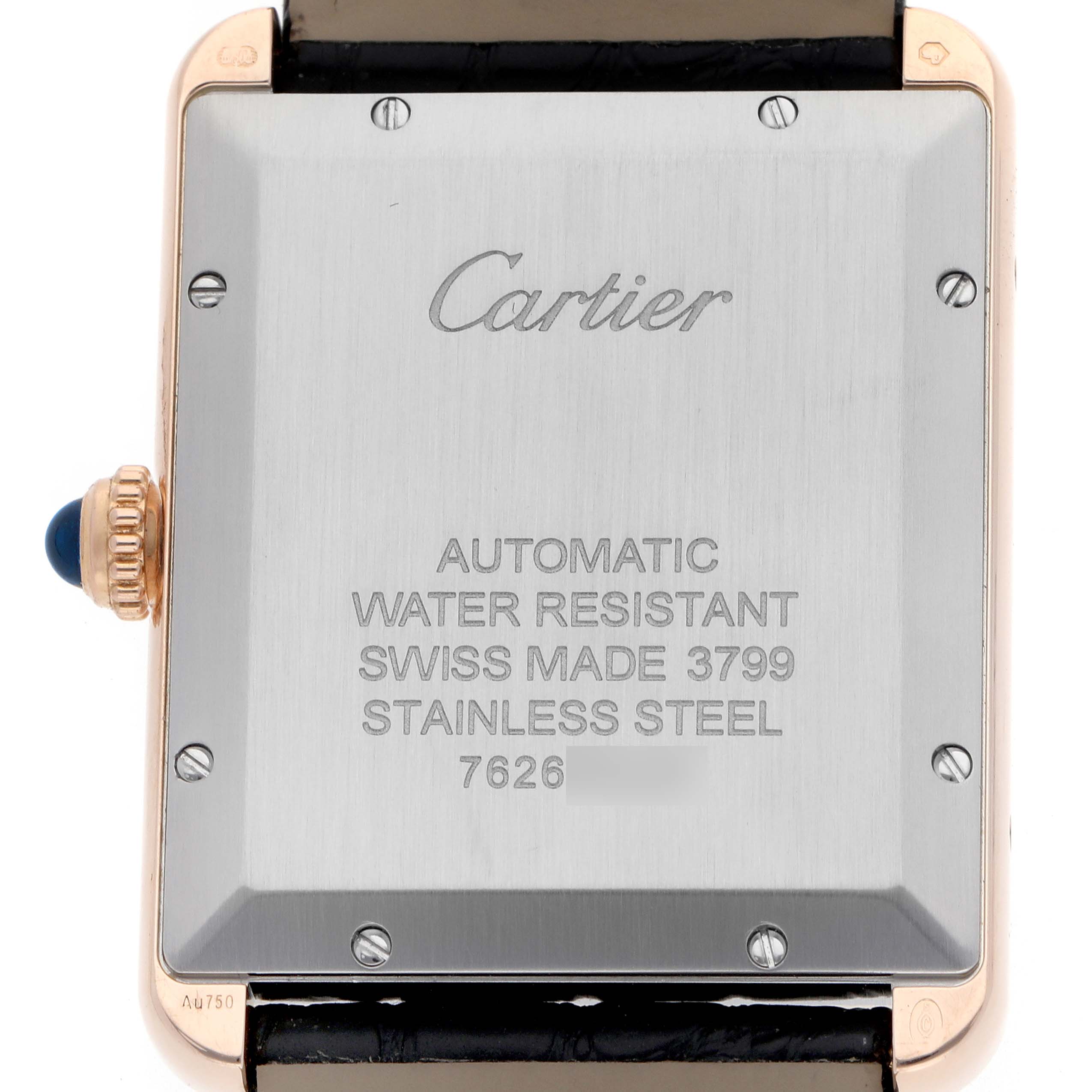 The image shows the back of a Cartier Tank Solo W5200026 Men
s Rose Gold Silver Dial watch, displaying its case back, crown, and brand engraving.