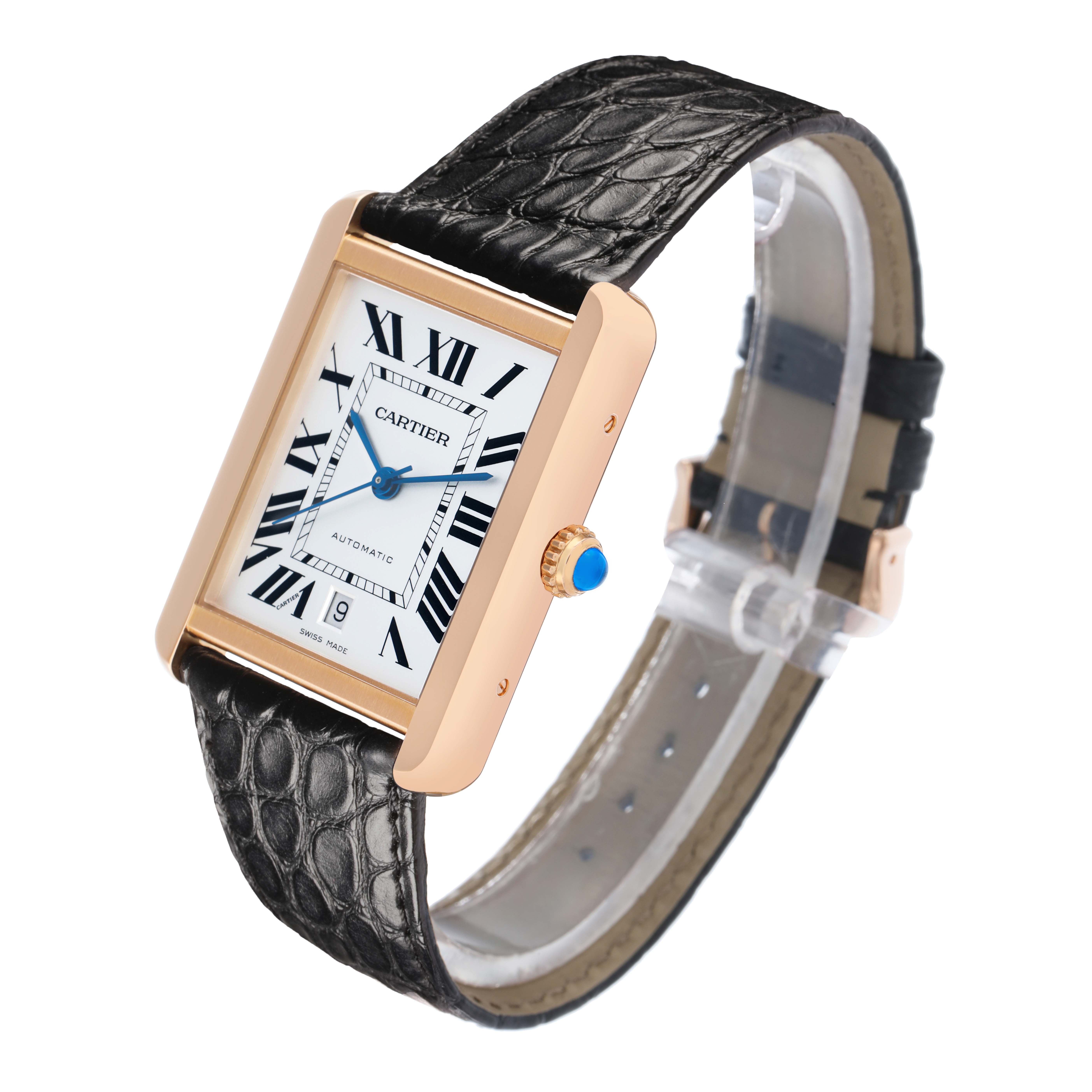 The Cartier Tank Solo W5200026 Men
s Rose Gold Silver Dial watch is shown at an angled view, displaying the face, Roman numerals, blue hands, crown, and part of the leather strap.