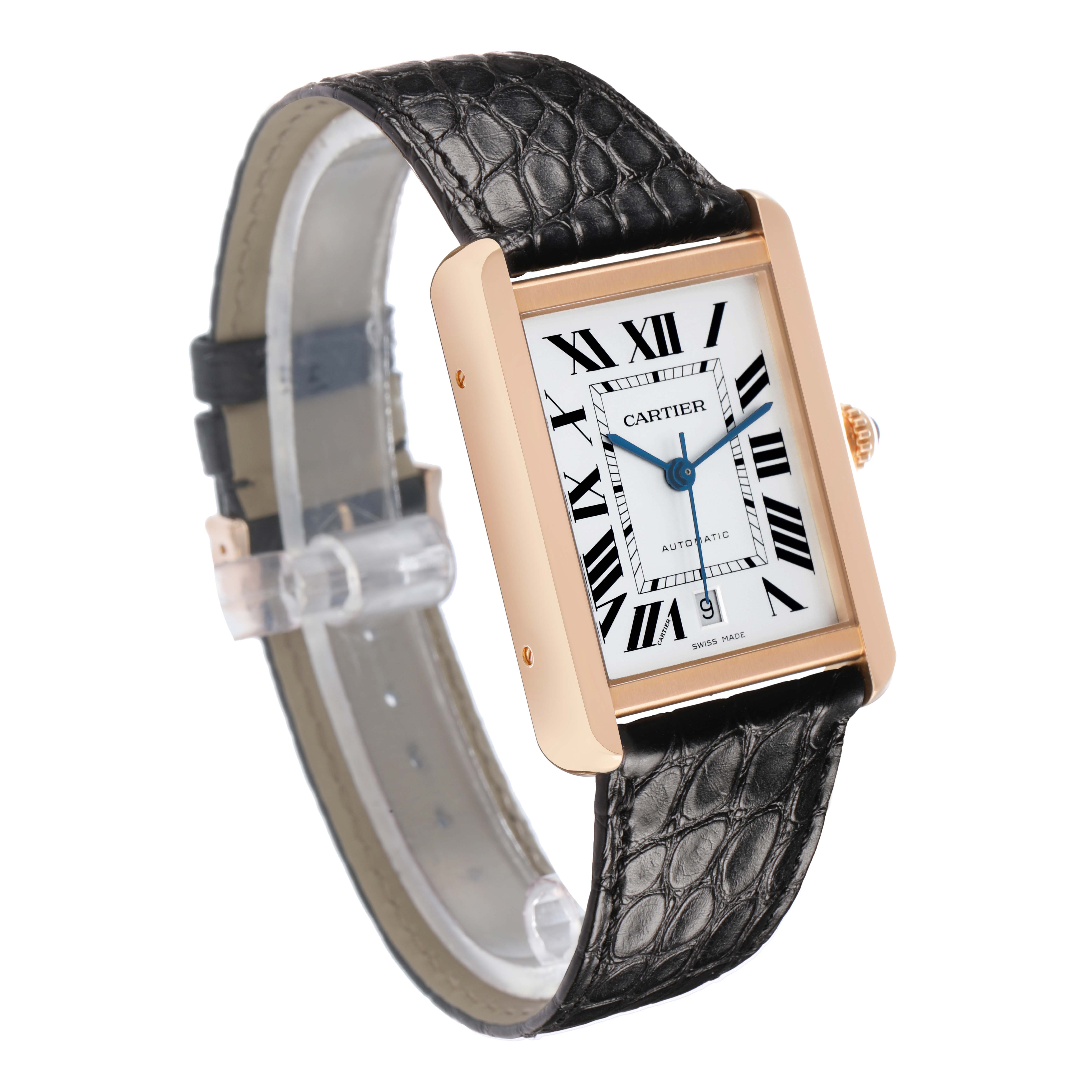 The Cartier Tank Solo W5200026 Men
s Rose Gold Silver Dial watch is shown at an angled side view, highlighting its rectangular face, roman numerals, and leather strap.